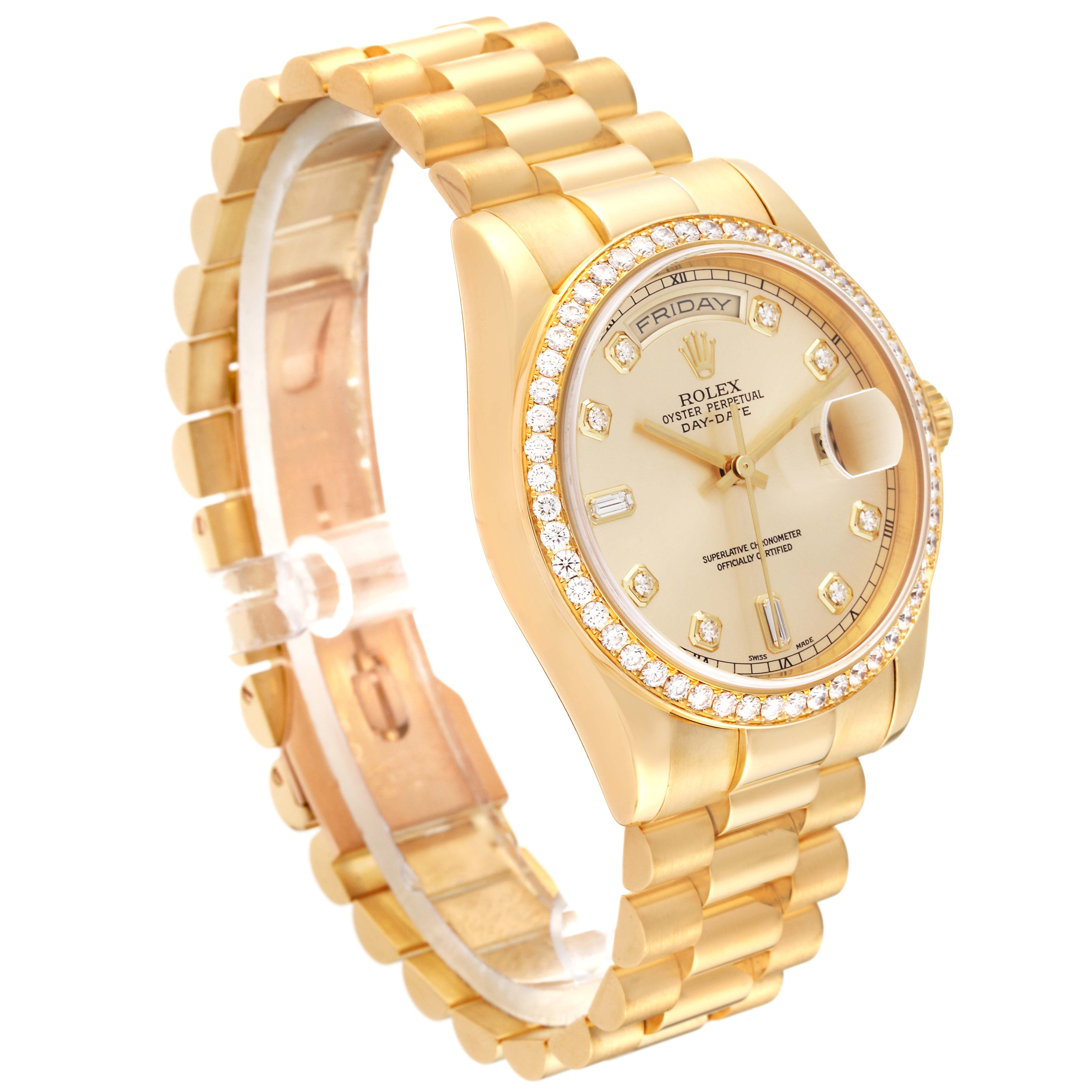 The Rolex President 118348 Men
s Yellow Gold Champagne Dial 118348 Men
s Yellow Gold Champagne Dial model watch is shown at an angle displaying its face, band, bezel, and crown.