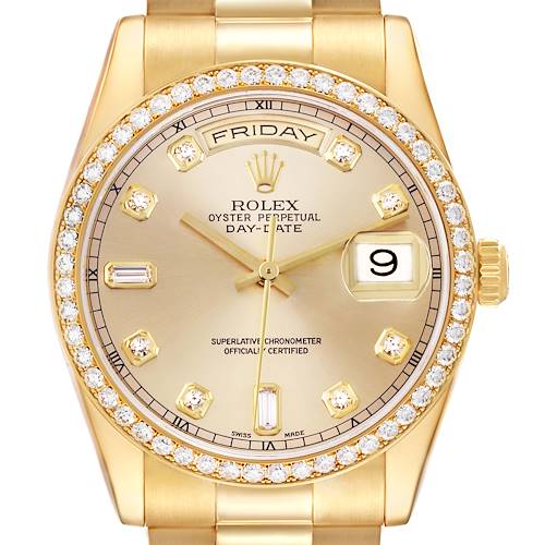 Photo of Rolex Day-Date President Yellow Gold Diamond Bezel Mens Watch 118348 Box Papers