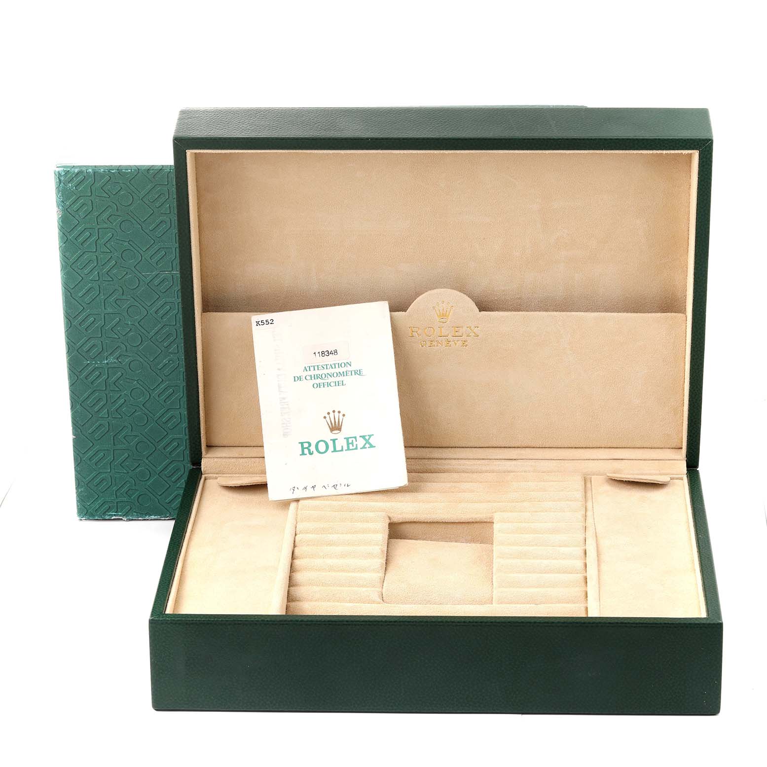 The image displays the open box and certification papers for a Rolex President 118348 Men
s Yellow Gold Champagne Dial 118348 Men
s Yellow Gold Champagne Dial model watch.