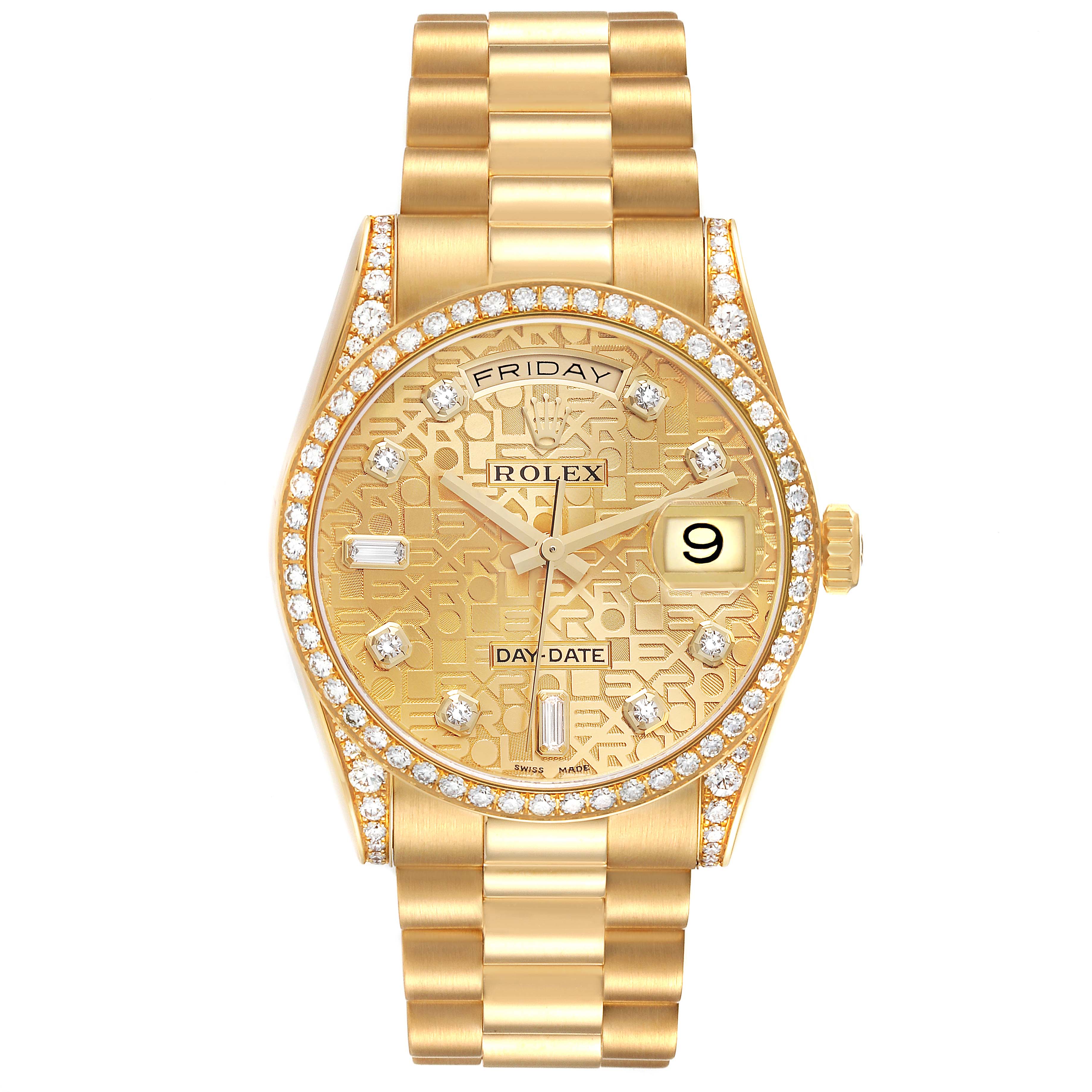 This image shows a front view of a Rolex President 118388 Men's Yellow Gold Champagne Dial 118388 Men's Yellow Gold Champagne Dial model watch, highlighting the dial, bezel, and bracelet with diamond accents.