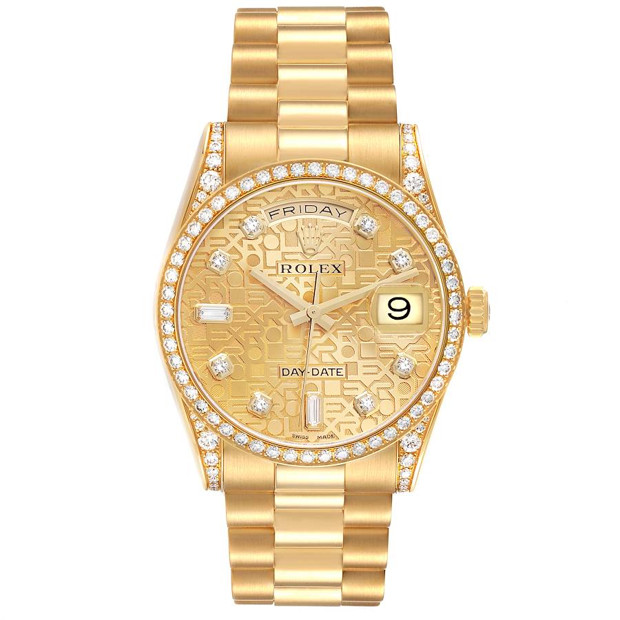 Rolex Day Date President Yellow Gold Diamond Bezel Mens Watch 118388 Box Papers