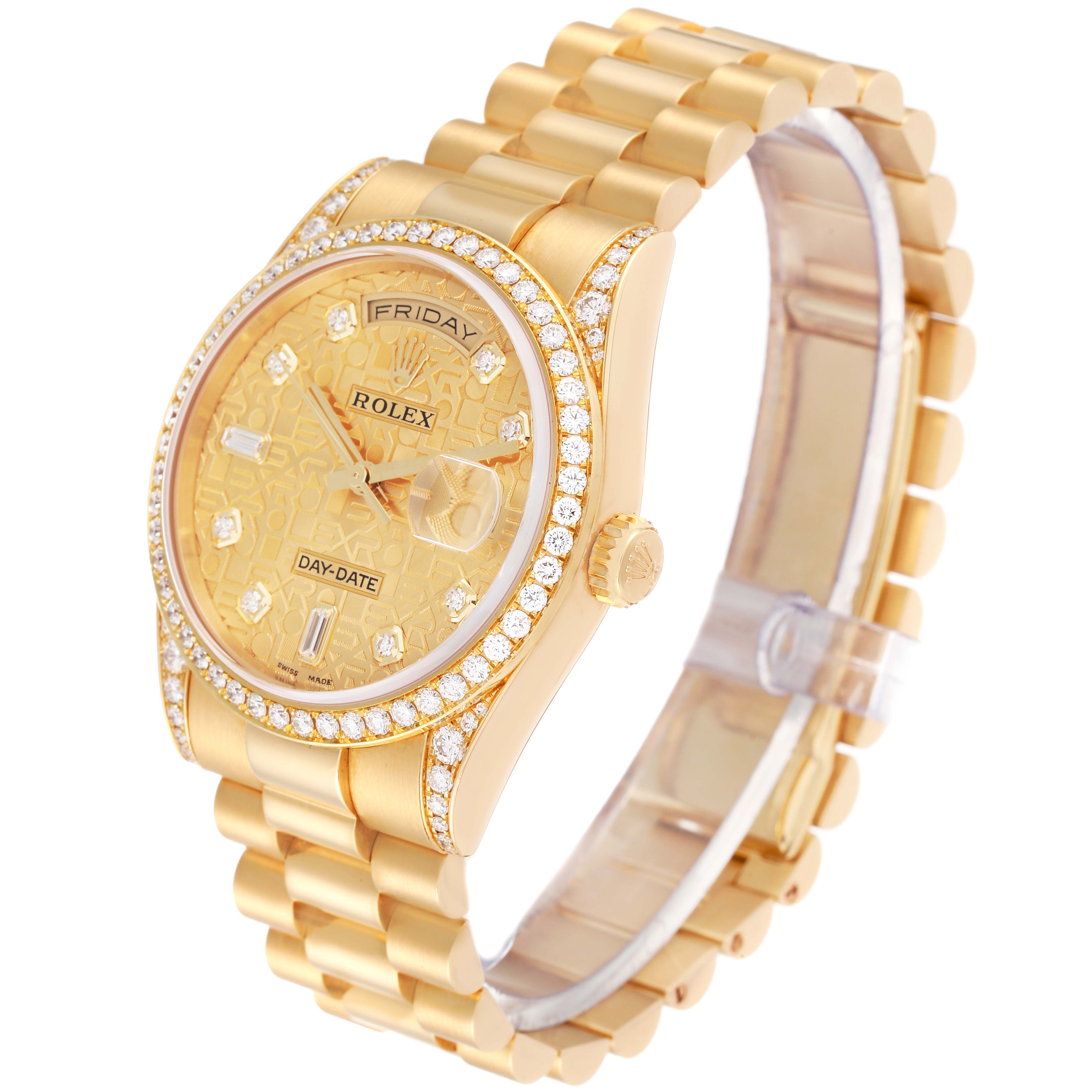 This image shows a gold Rolex President 118388 Men's Yellow Gold Champagne Dial 118388 Men's Yellow Gold Champagne Dial model watch angled from the front-left, showcasing the dial, bezel, and part of the bracelet.