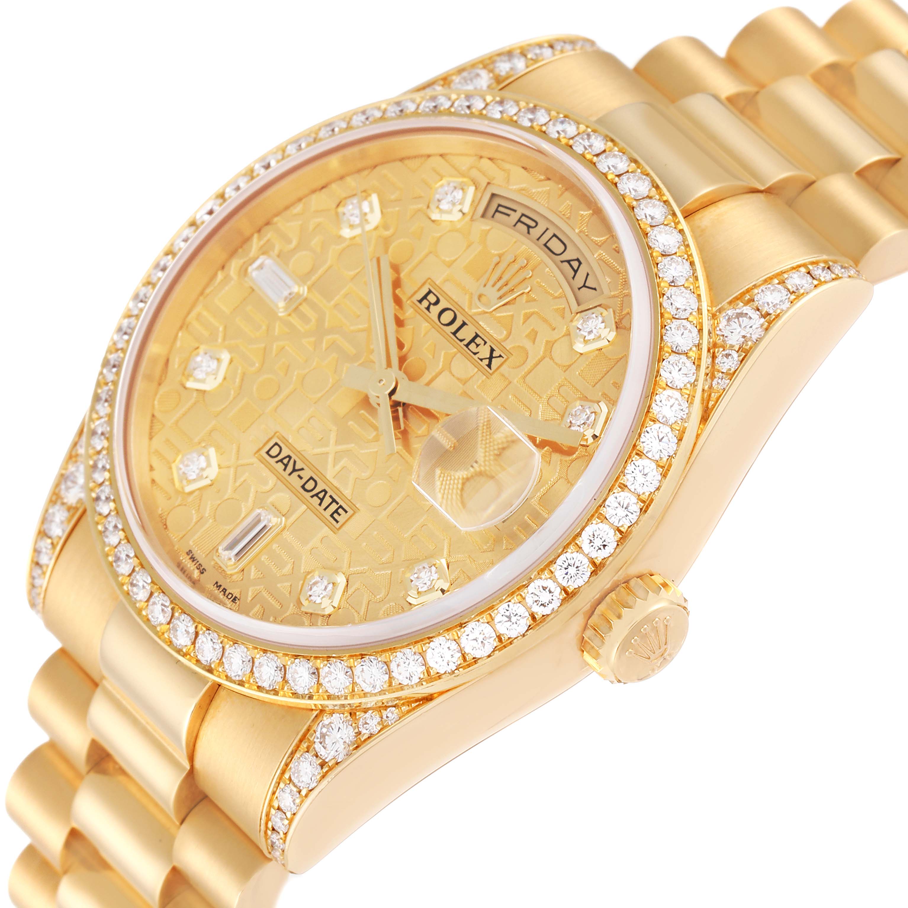 This is a close-up side angle of a Rolex President 118388 Men's Yellow Gold Champagne Dial 118388 Men's Yellow Gold Champagne Dial model, showing its face, bezel, and bracelet.