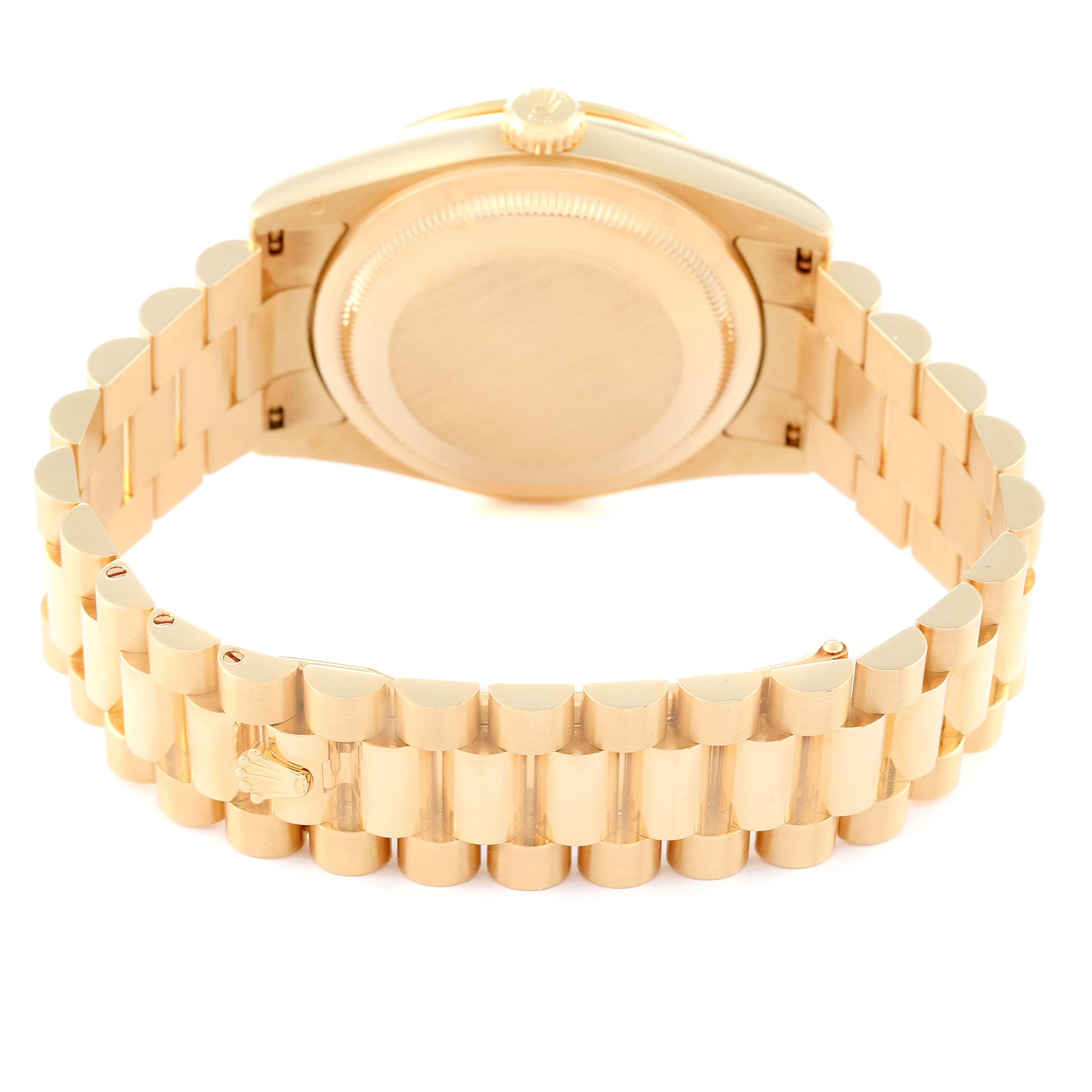 The image shows the back case and bracelet of a Rolex President 118388 Men's Yellow Gold Champagne Dial 118388 Men's Yellow Gold Champagne Dial model watch from a straight rear angle.