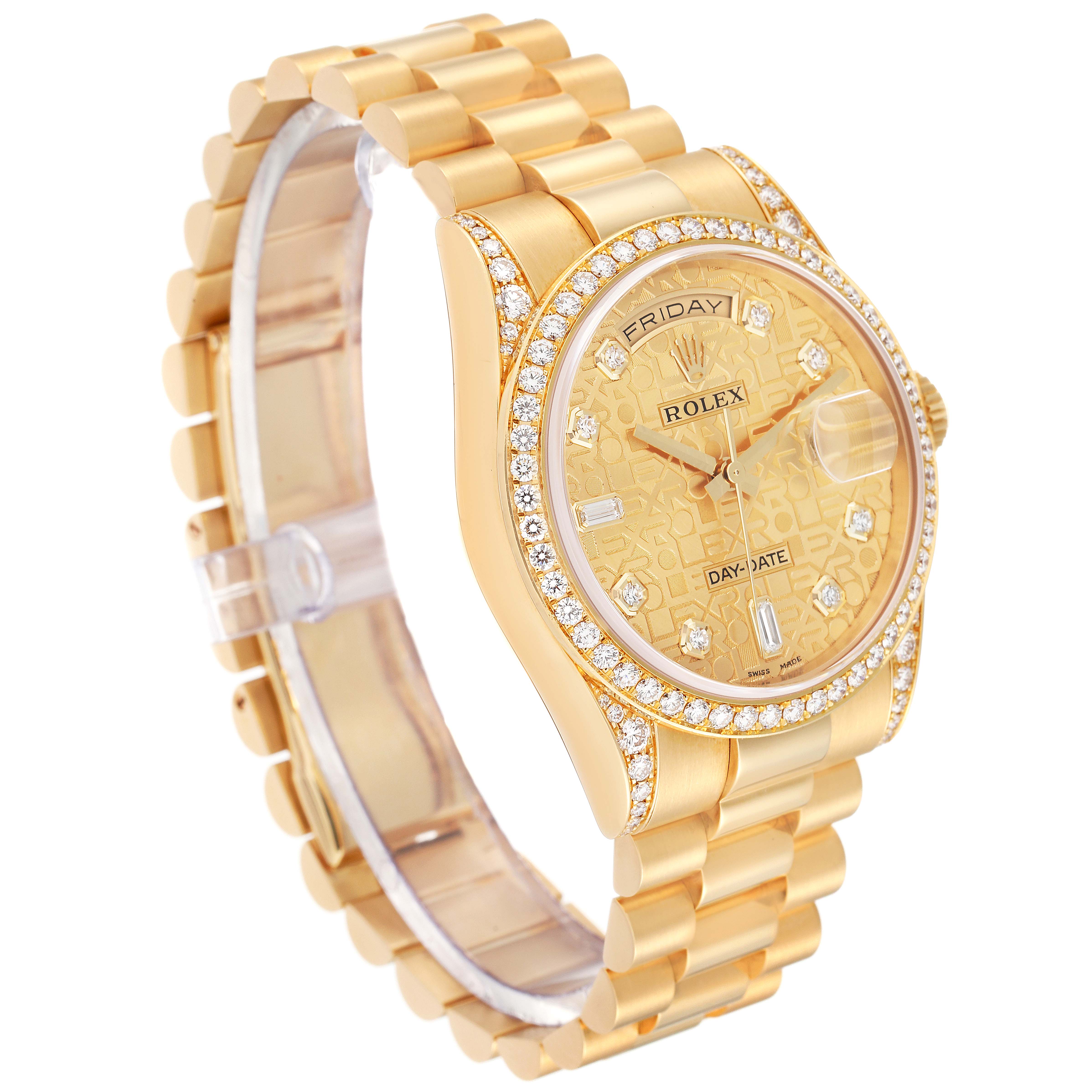 The Rolex President 118388 Men's Yellow Gold Champagne Dial 118388 Men's Yellow Gold Champagne Dial model watch is shown at an angle displaying the face, bezel, and bracelet.