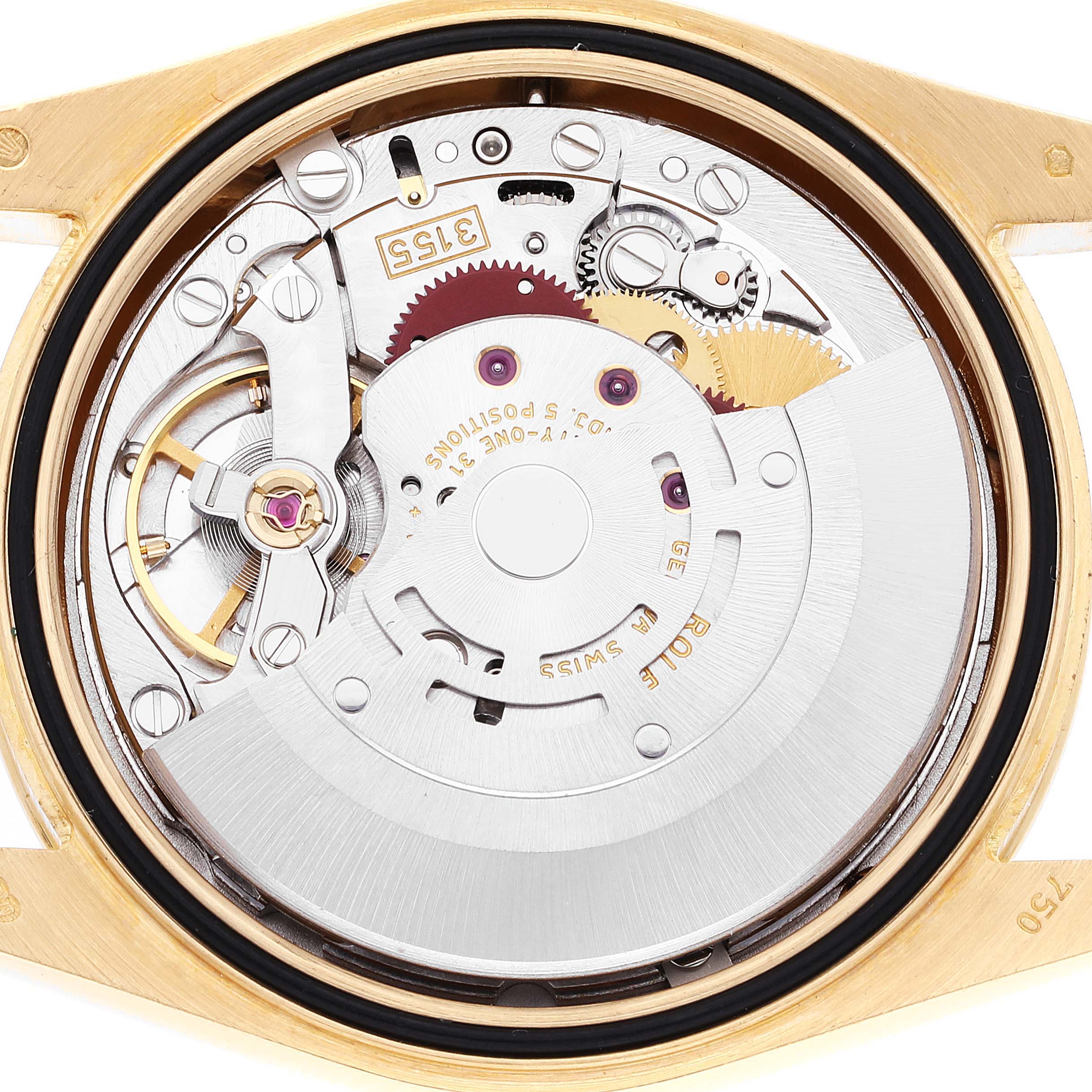 This image shows the internal mechanical movement of the Rolex President 118388 Men's Yellow Gold Champagne Dial 118388 Men's Yellow Gold Champagne Dial model watch from a top-down angle.