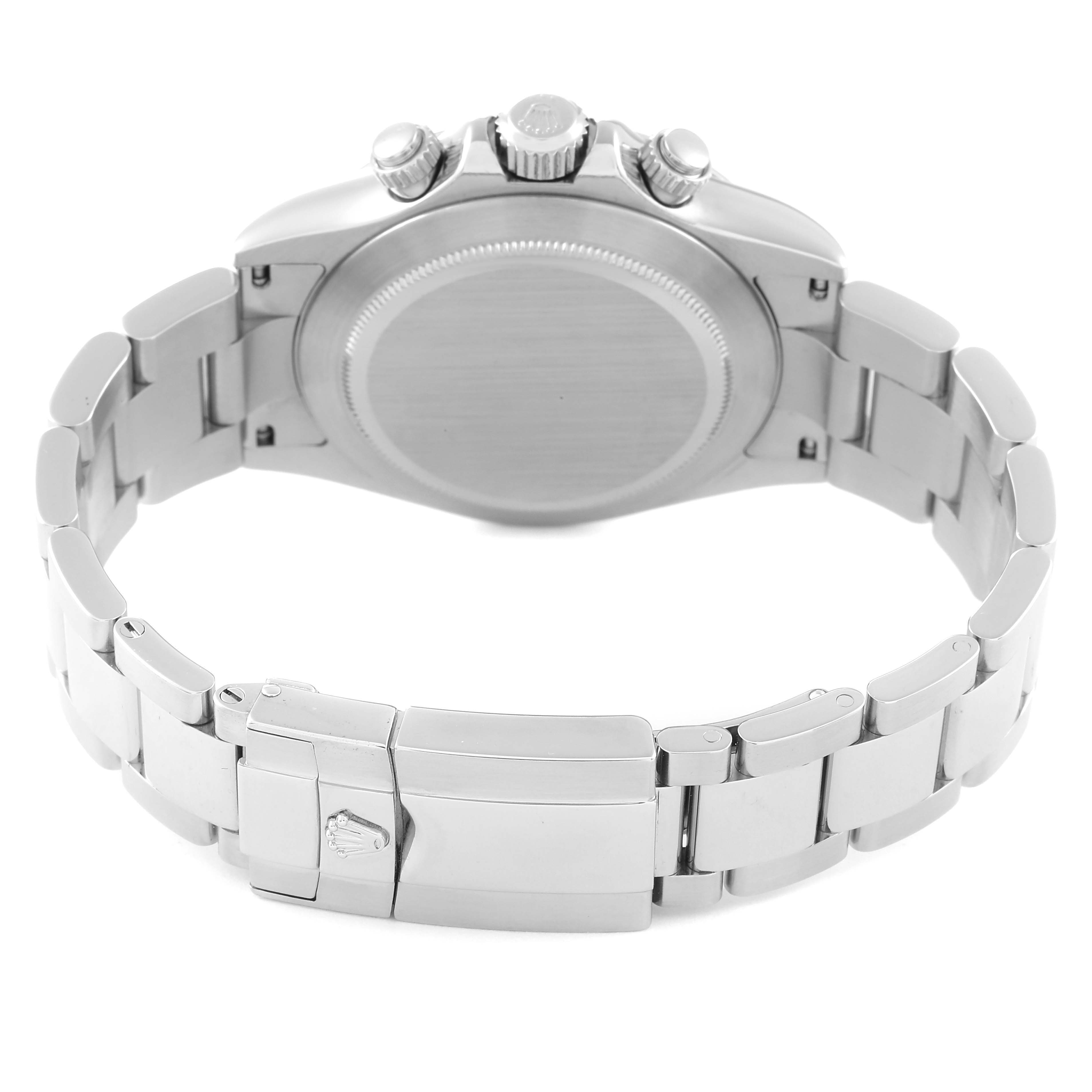 This image shows the back view and bracelet of a Rolex Daytona 116520 Men
s Stainless Steel White Dial 116520 Men
s Stainless Steel White Dial watch, highlighting the clasp and caseback.