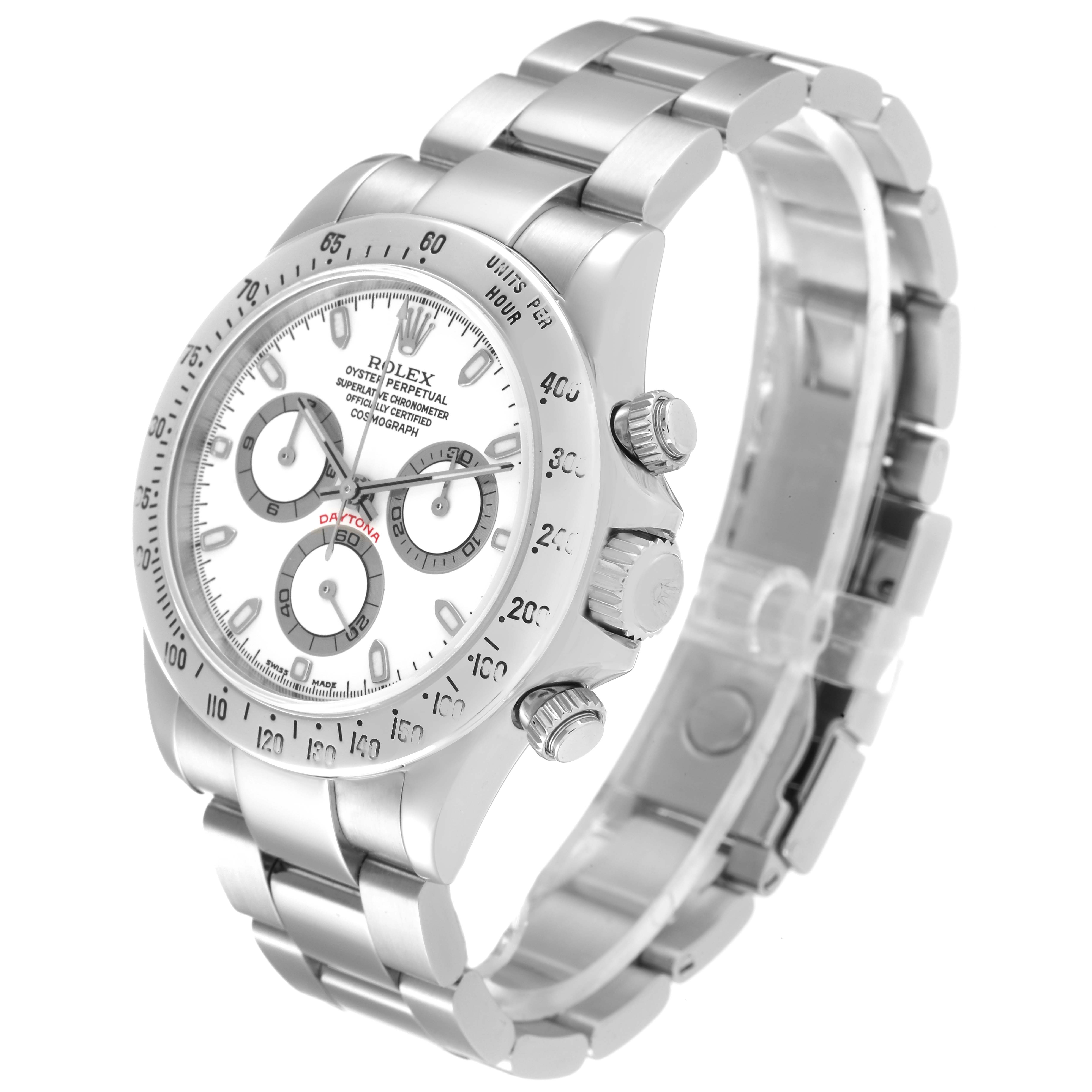 The image shows a Rolex Daytona 116520 Men
s Stainless Steel White Dial 116520 Men
s Stainless Steel White Dial watch angled to display the face, bezel, crown, and part of the bracelet.