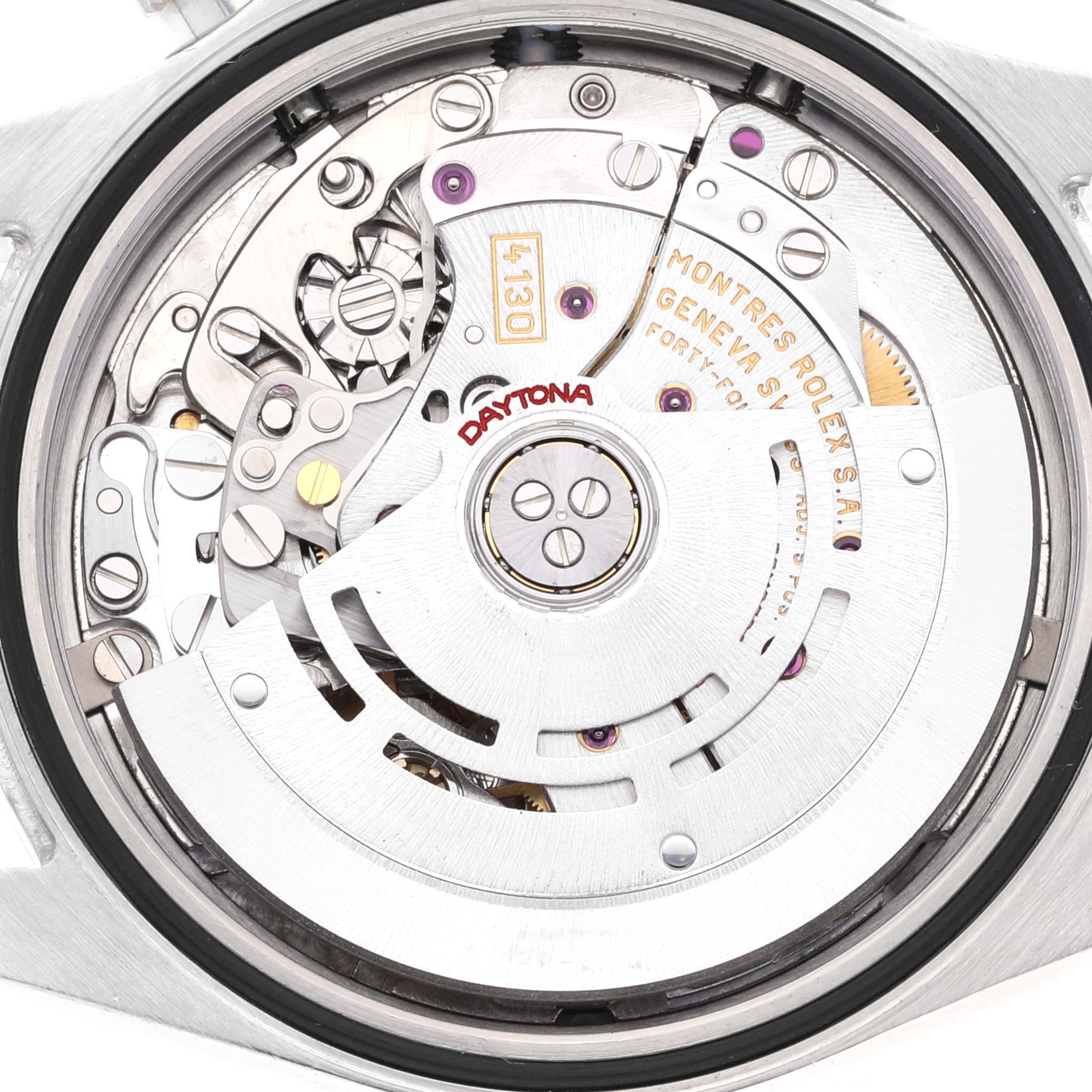 This image shows the inner mechanical workings of the Rolex Daytona 116520 Men
s Stainless Steel White Dial 116520 Men
s Stainless Steel White Dial watch from a close-up, rear angle.