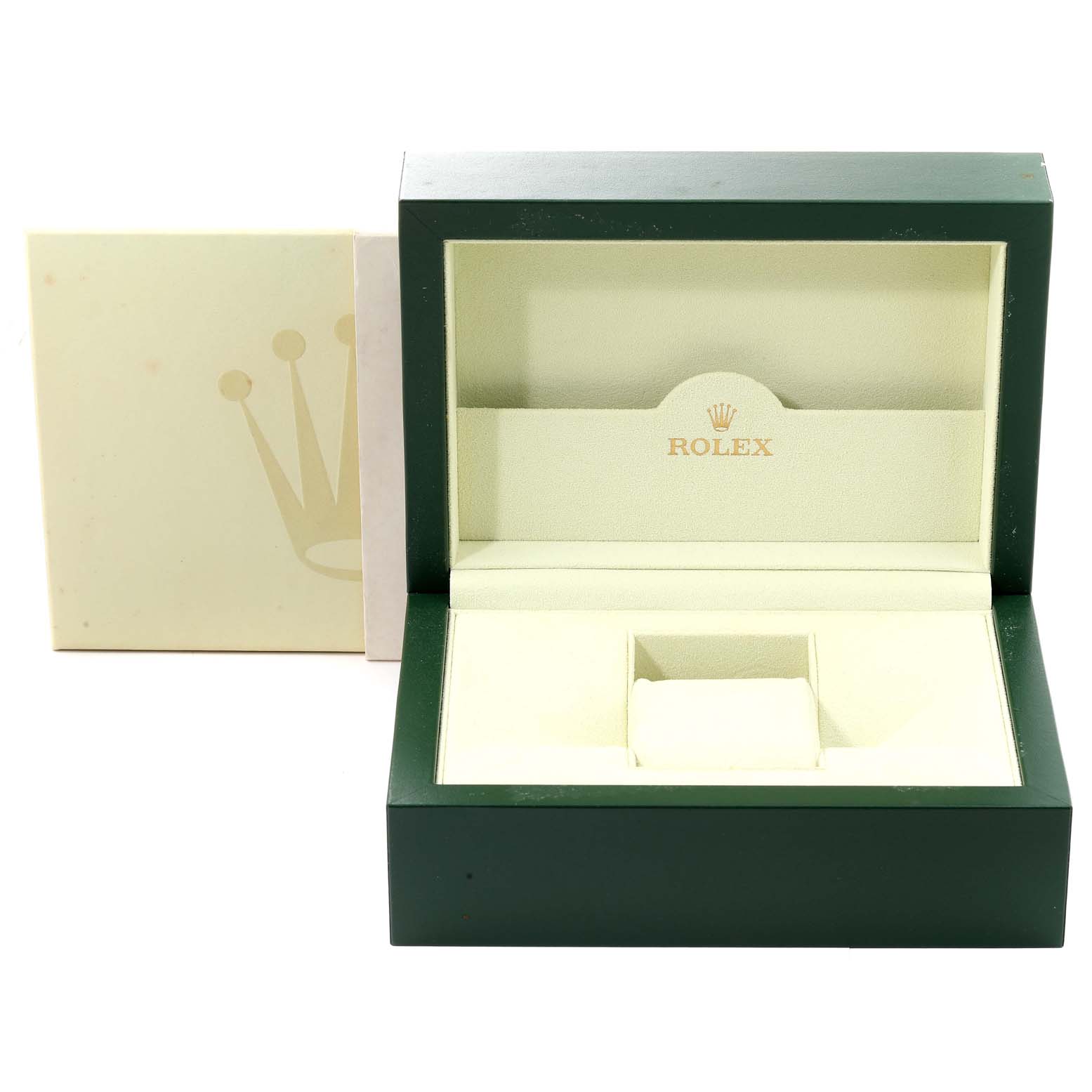 This image shows an open Rolex Daytona 116520 Men
s Stainless Steel White Dial 116520 Men
s Stainless Steel White Dial watch box with an empty interior and a partially visible outer box.