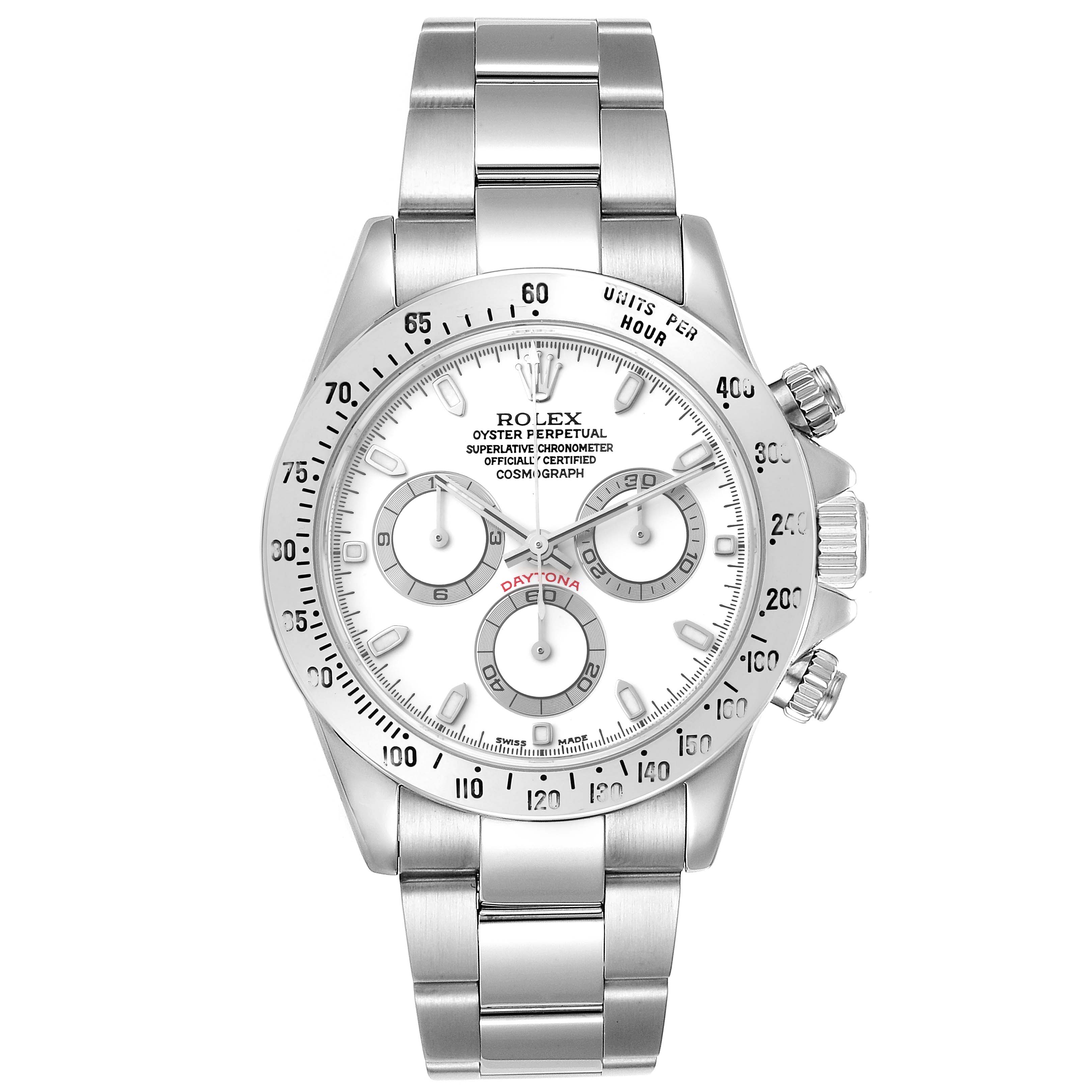 The image shows a front view of a Rolex Daytona 116520 Men
s Stainless Steel White Dial 116520 Men
s Stainless Steel White Dial watch, highlighting the dial, bezel, bracelet, and chronograph subdials.