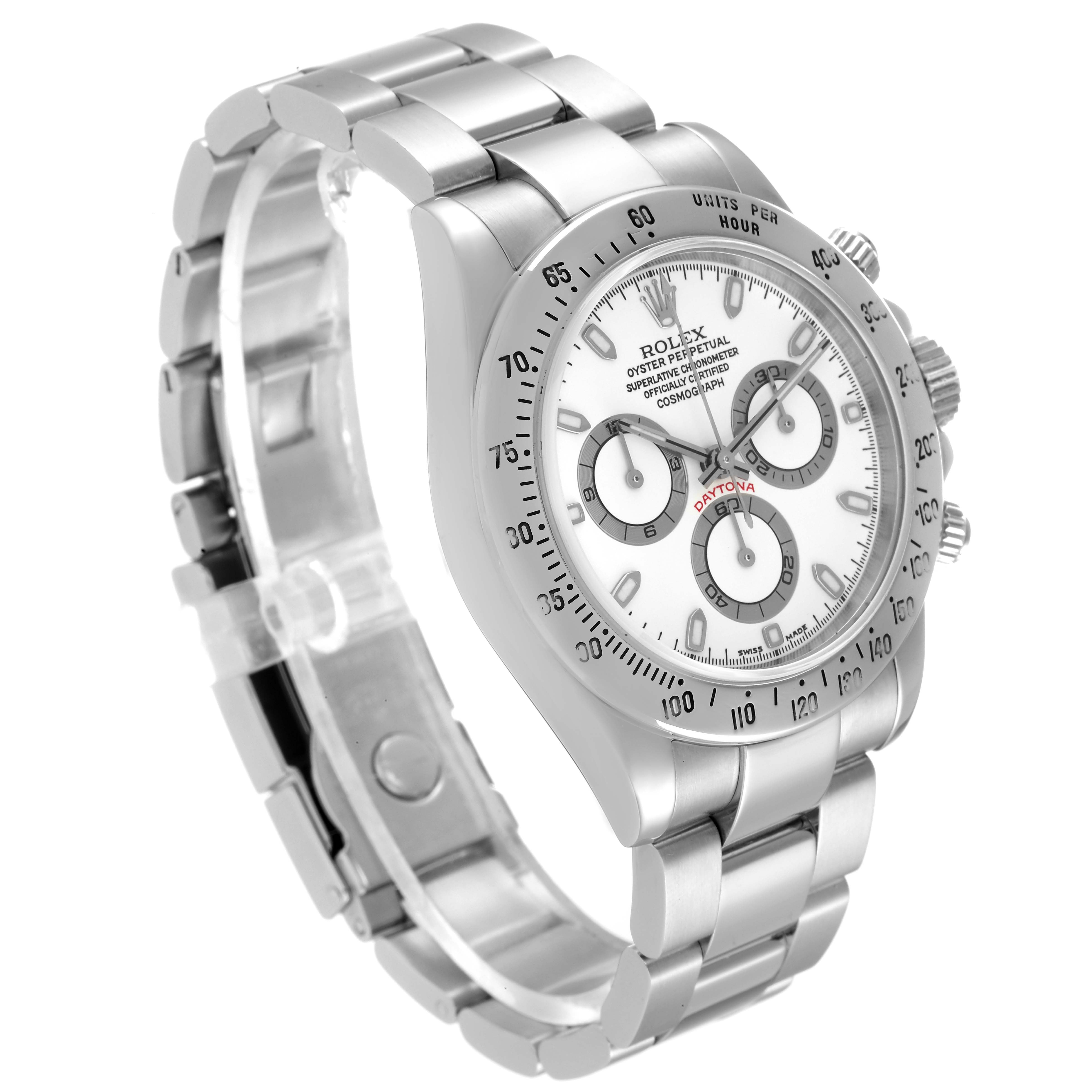 This image shows a Rolex Daytona 116520 Men
s Stainless Steel White Dial 116520 Men
s Stainless Steel White Dial watch at a three-quarter angle, highlighting its dial, bezel, and bracelet.