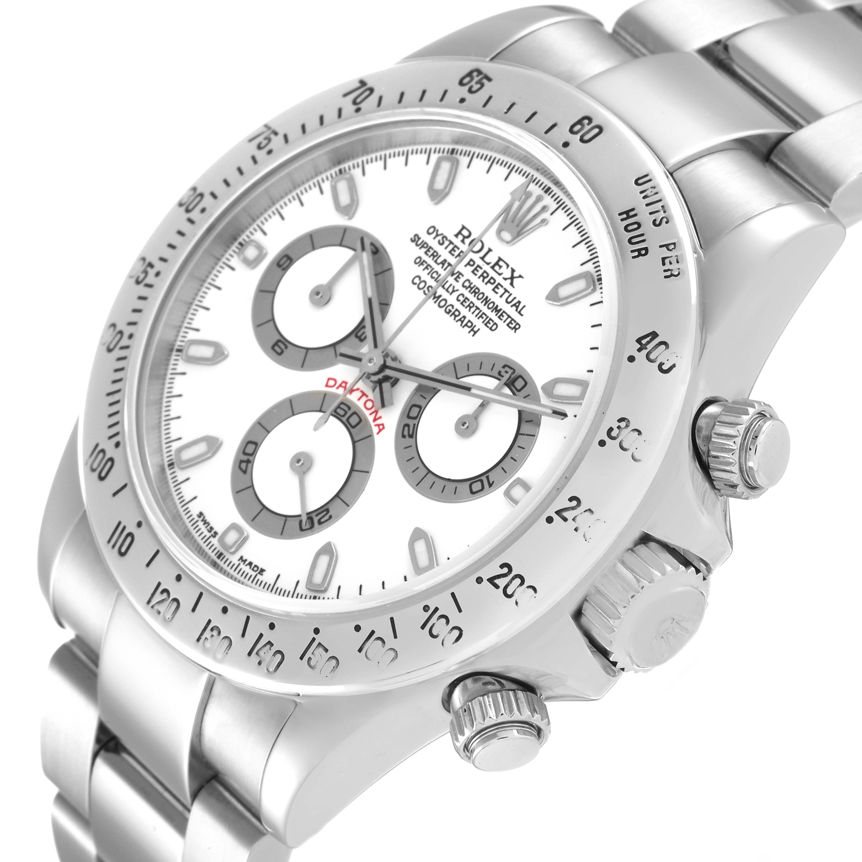 This image shows a close-up angle of the Rolex Daytona 116520 Men
s Stainless Steel White Dial 116520 Men
s Stainless Steel White Dial watch, highlighting its dial, bezel, and crown.