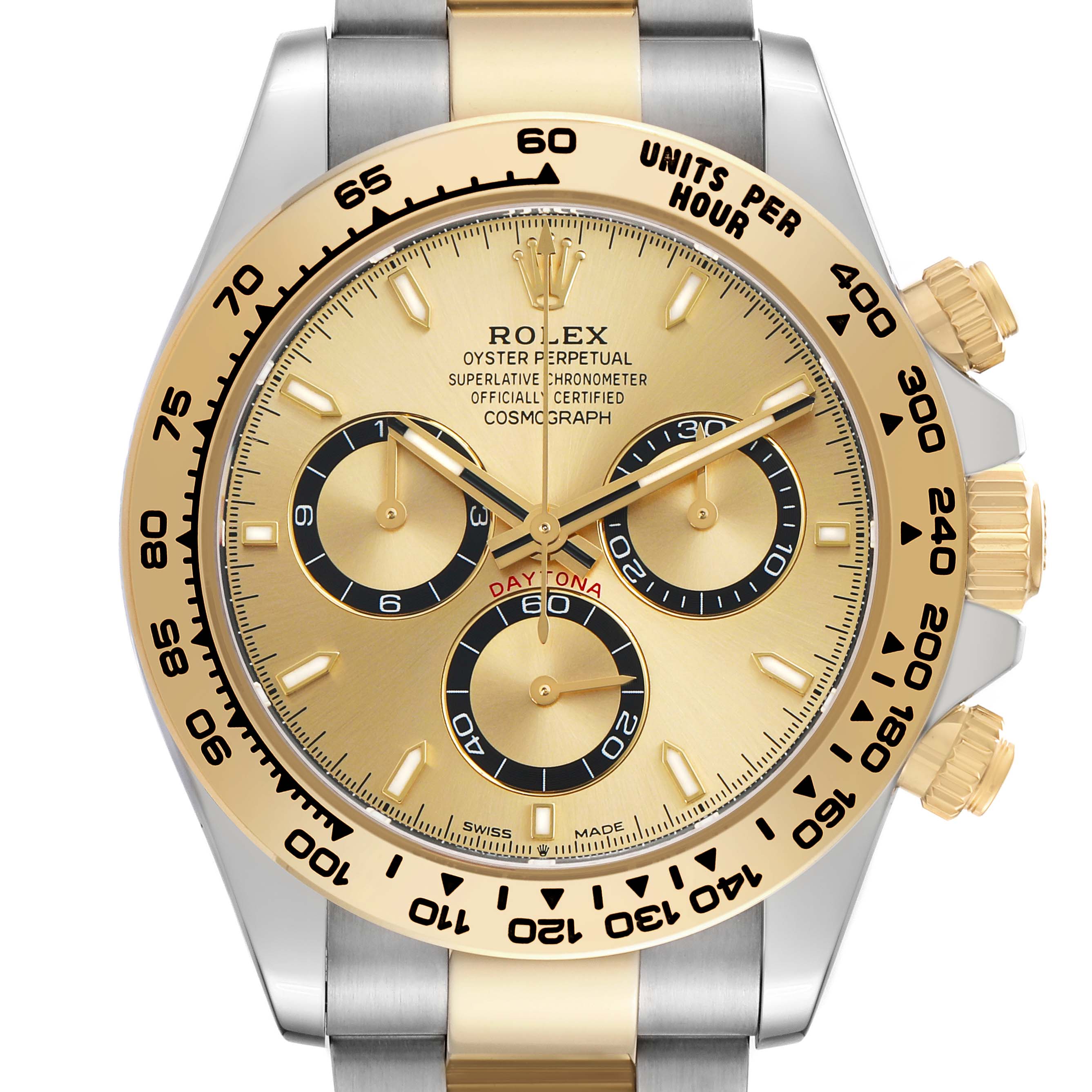 The Rolex Daytona 126503 Men's Steel and Gold (two tone) Champagne Dial watch is shown from the front, highlighting its golden dial, subdials, and bezel with engraved tachymetric scale.