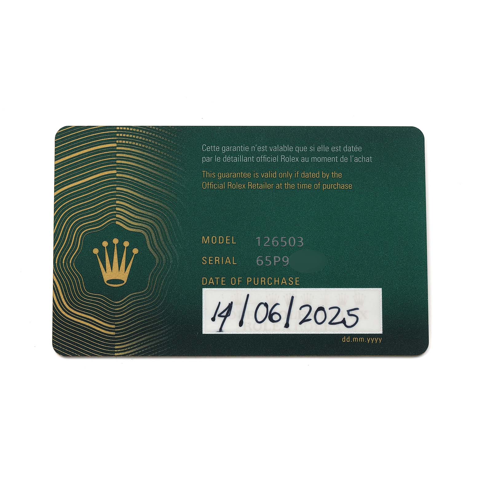 This image displays a guarantee card for a Rolex Daytona 126503 Men's Steel and Gold (two tone) Champagne Dial, model number 126503, showing its details and purchase date.