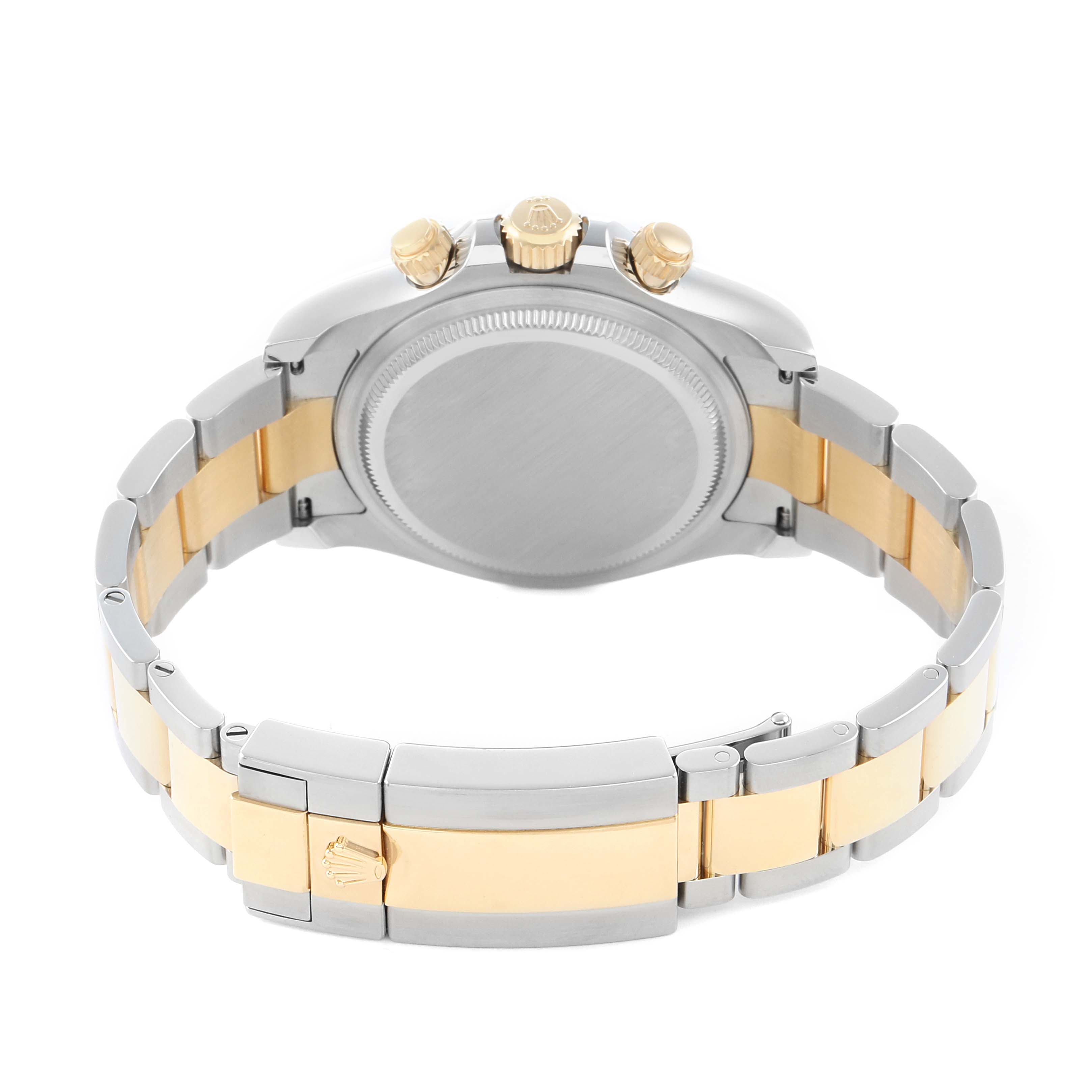 The image shows the back and sides of a Rolex Daytona 126503 Men's Steel and Gold (two tone) Champagne Dial watch, highlighting the case, crown, pushers, and two-tone bracelet.