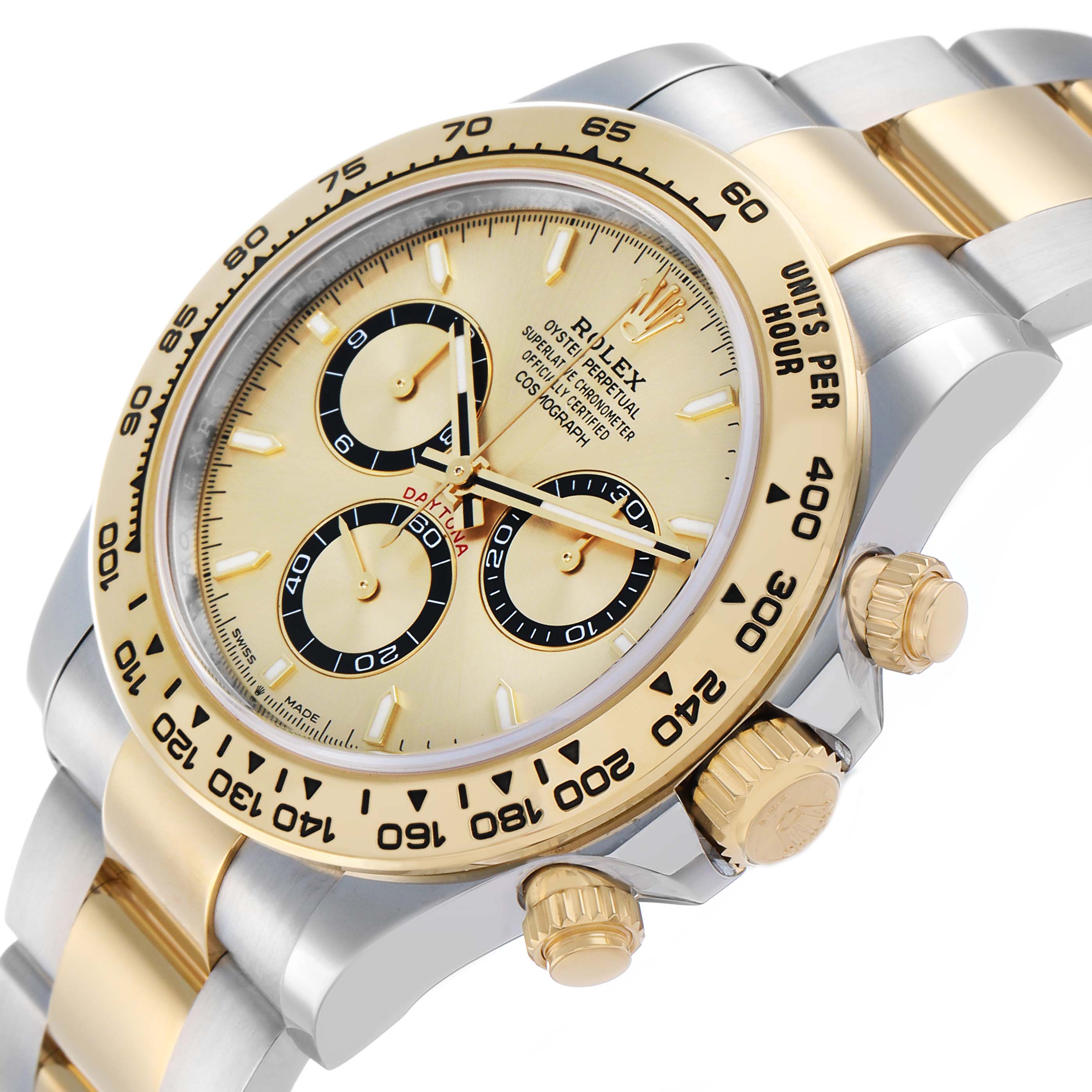 The Rolex Daytona 126503 Men's Steel and Gold (two tone) Champagne Dial watch is shown at an angled view highlighting the face, bezel, pushers, and part of the bracelet.