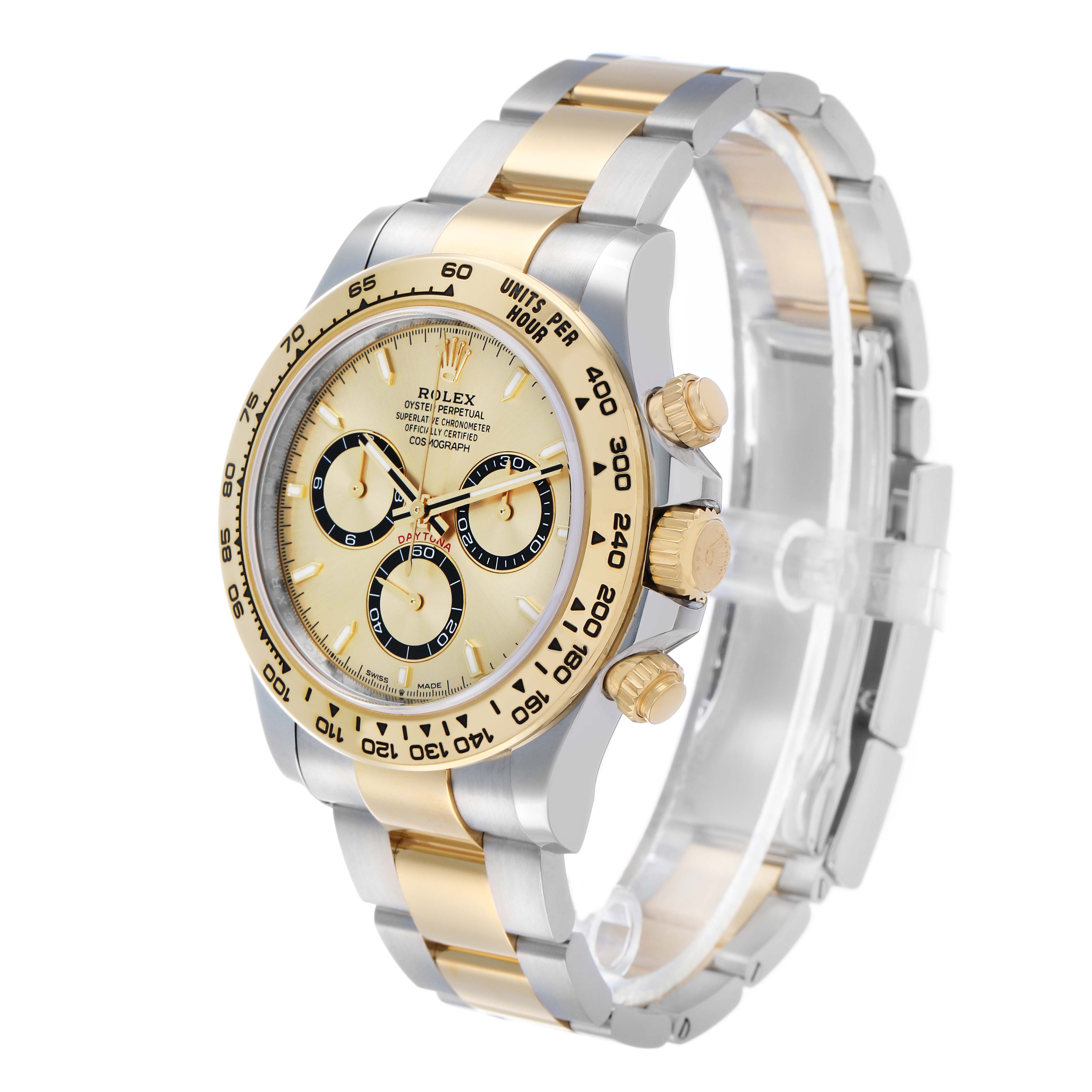 The Rolex Daytona 126503 Men's Steel and Gold (two tone) Champagne Dial watch is shown at an oblique angle, highlighting the bezel, face, pushers, and two-tone bracelet.