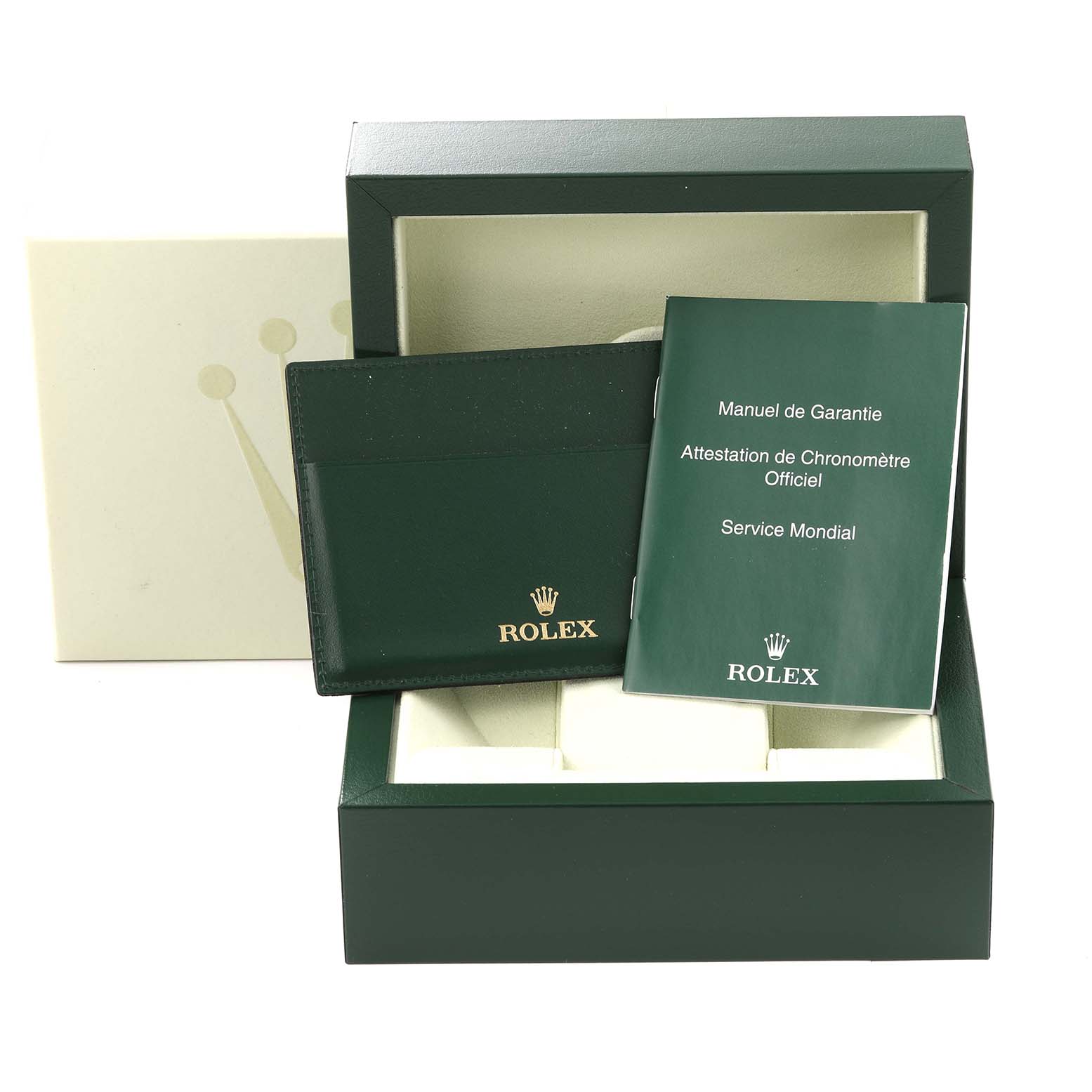 The image shows the packaging, warranty cardholder, and manual for the Rolex Explorer 214270 Men
s Stainless Steel Black Dial 214270 Men
s Stainless Steel Black Dial watch.