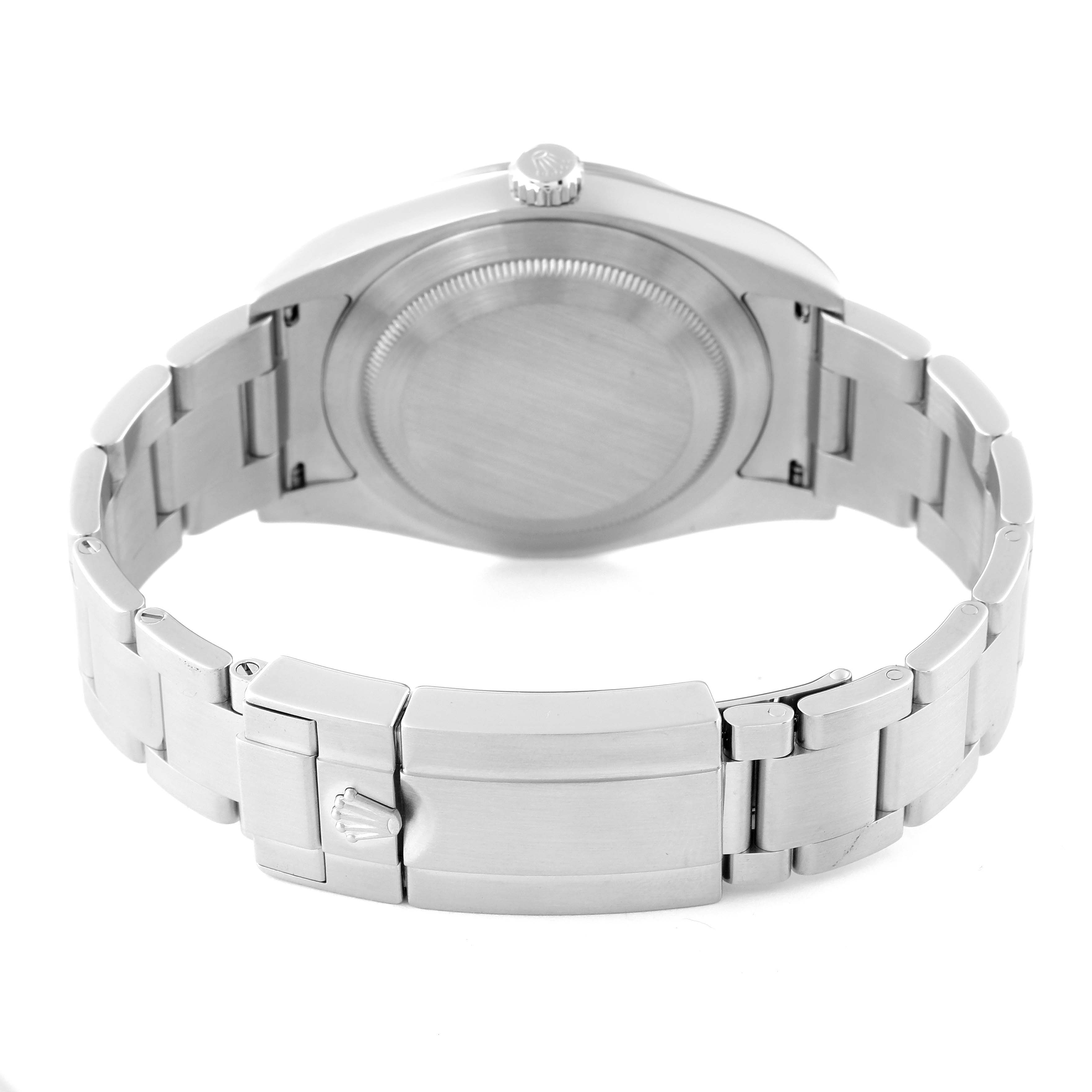 This image shows the back view of a Rolex Explorer 214270 Men
s Stainless Steel Black Dial 214270 Men
s Stainless Steel Black Dial watch, highlighting its case back, crown, and bracelet with clasp.