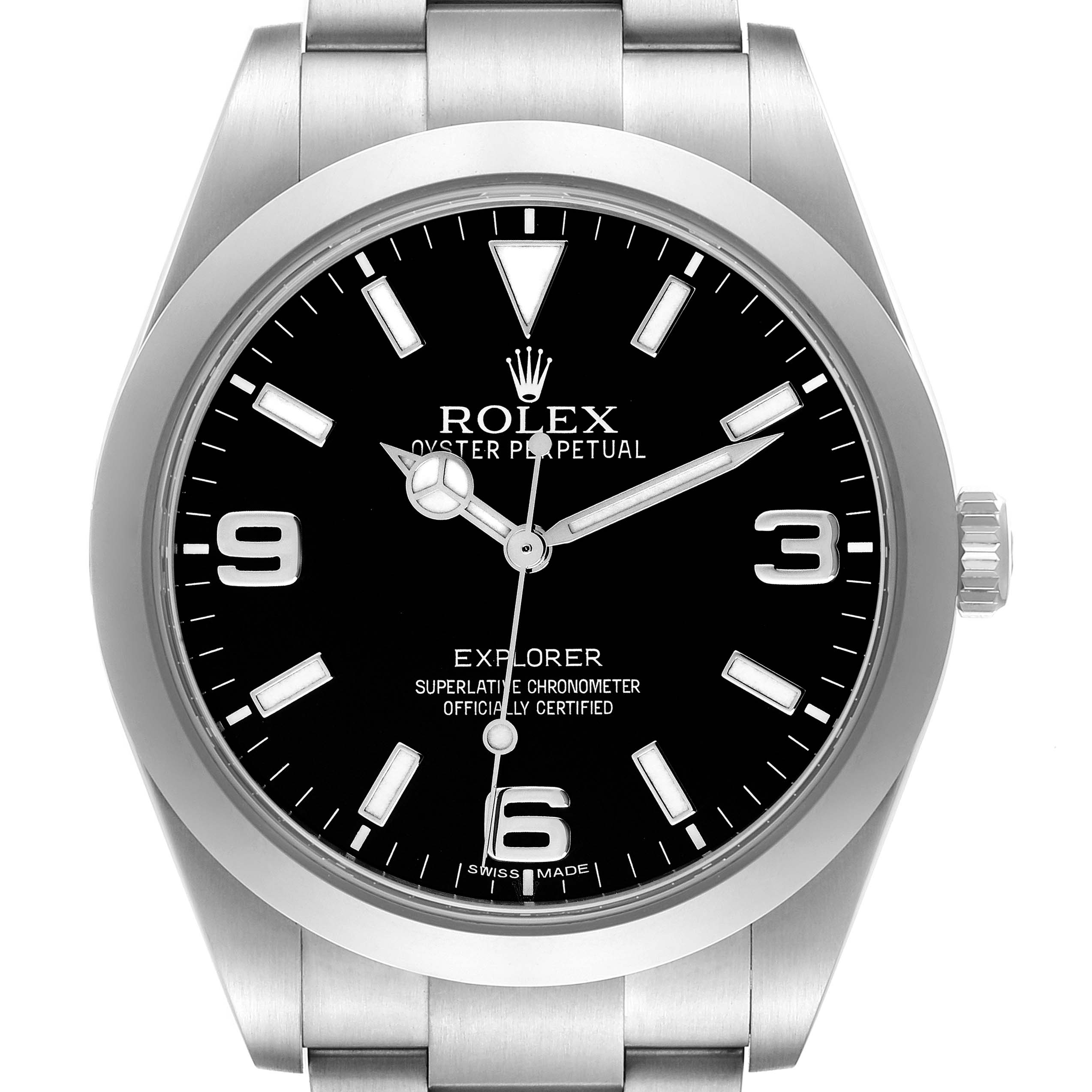 The image shows a frontal view of a Rolex Explorer 214270 Men
s Stainless Steel Black Dial 214270 Men
s Stainless Steel Black Dial watch, highlighting its black dial and stainless steel bracelet.