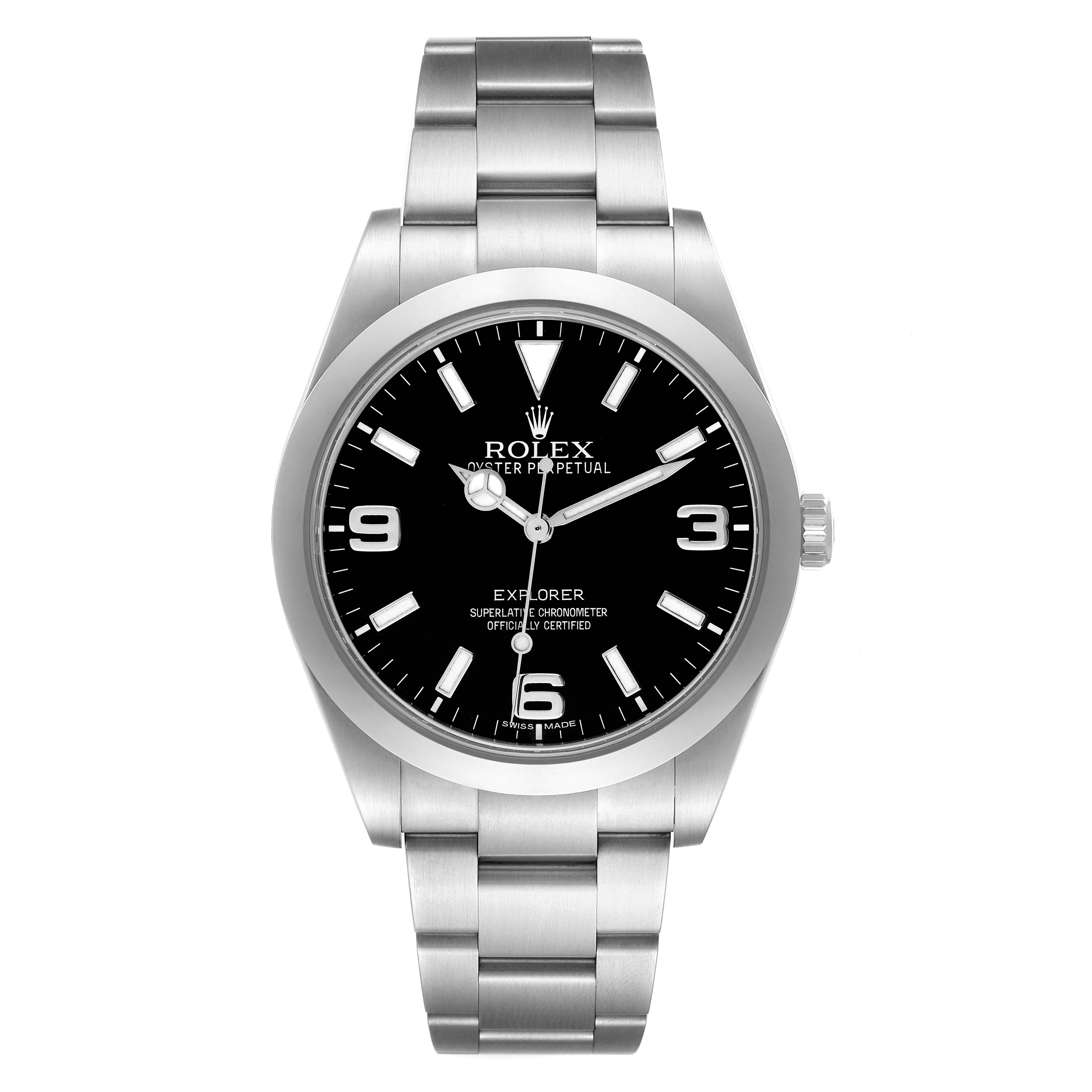 The image shows a front view of a Rolex Explorer 214270 Men
s Stainless Steel Black Dial 214270 Men
s Stainless Steel Black Dial model watch, highlighting its dial, bezel, and bracelet.