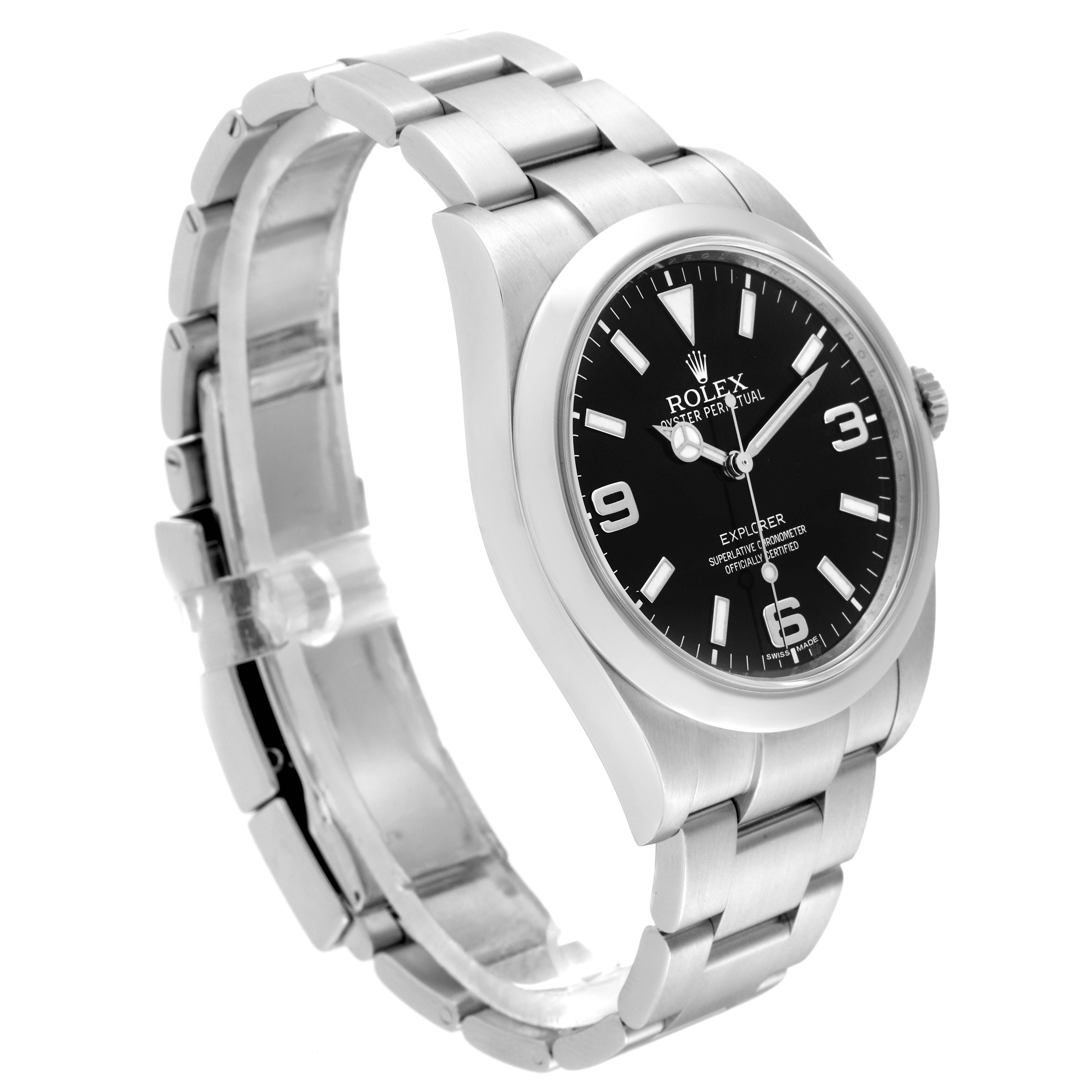 The Rolex Explorer 214270 Men
s Stainless Steel Black Dial 214270 Men
s Stainless Steel Black Dial watch is displayed at a three-quarter angle, showcasing its black dial, stainless steel case, and bracelet.