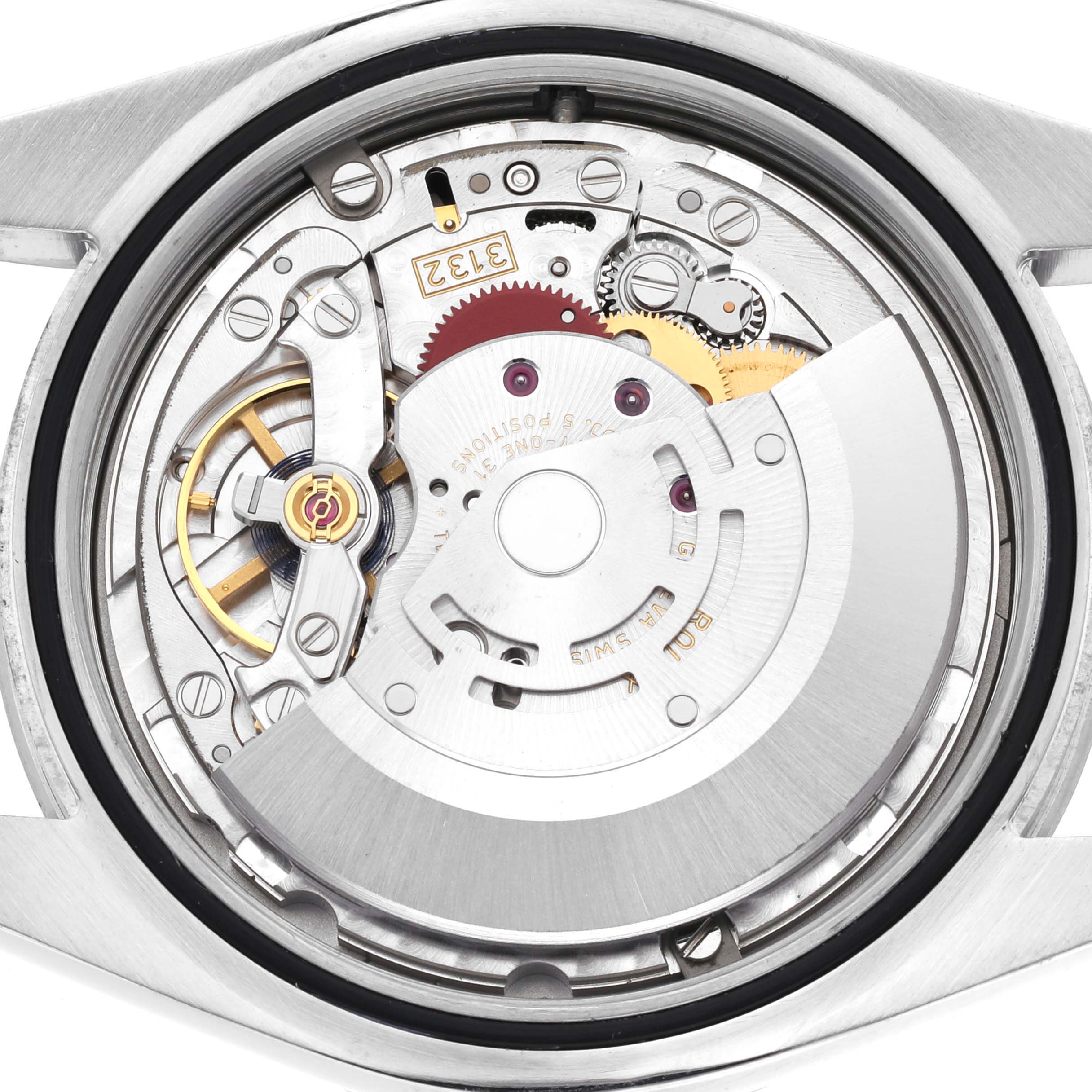 This image shows the movement and internal components of the Rolex Explorer 214270 Men
s Stainless Steel Black Dial 214270 Men
s Stainless Steel Black Dial watch from a back case removed angle.