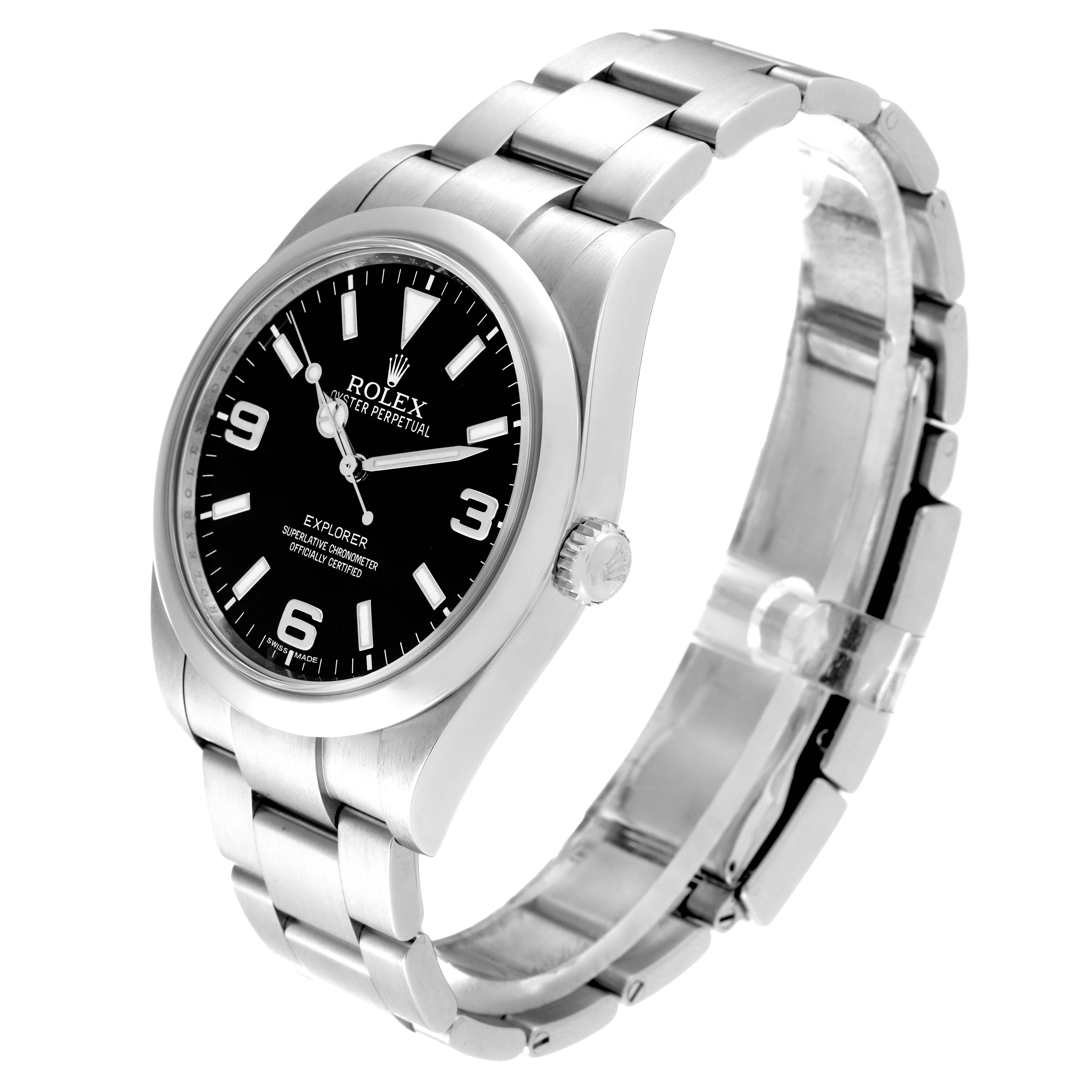 This image shows a side view of the Rolex Explorer 214270 Men
s Stainless Steel Black Dial 214270 Men
s Stainless Steel Black Dial watch, highlighting its black dial, stainless steel case, and bracelet.
