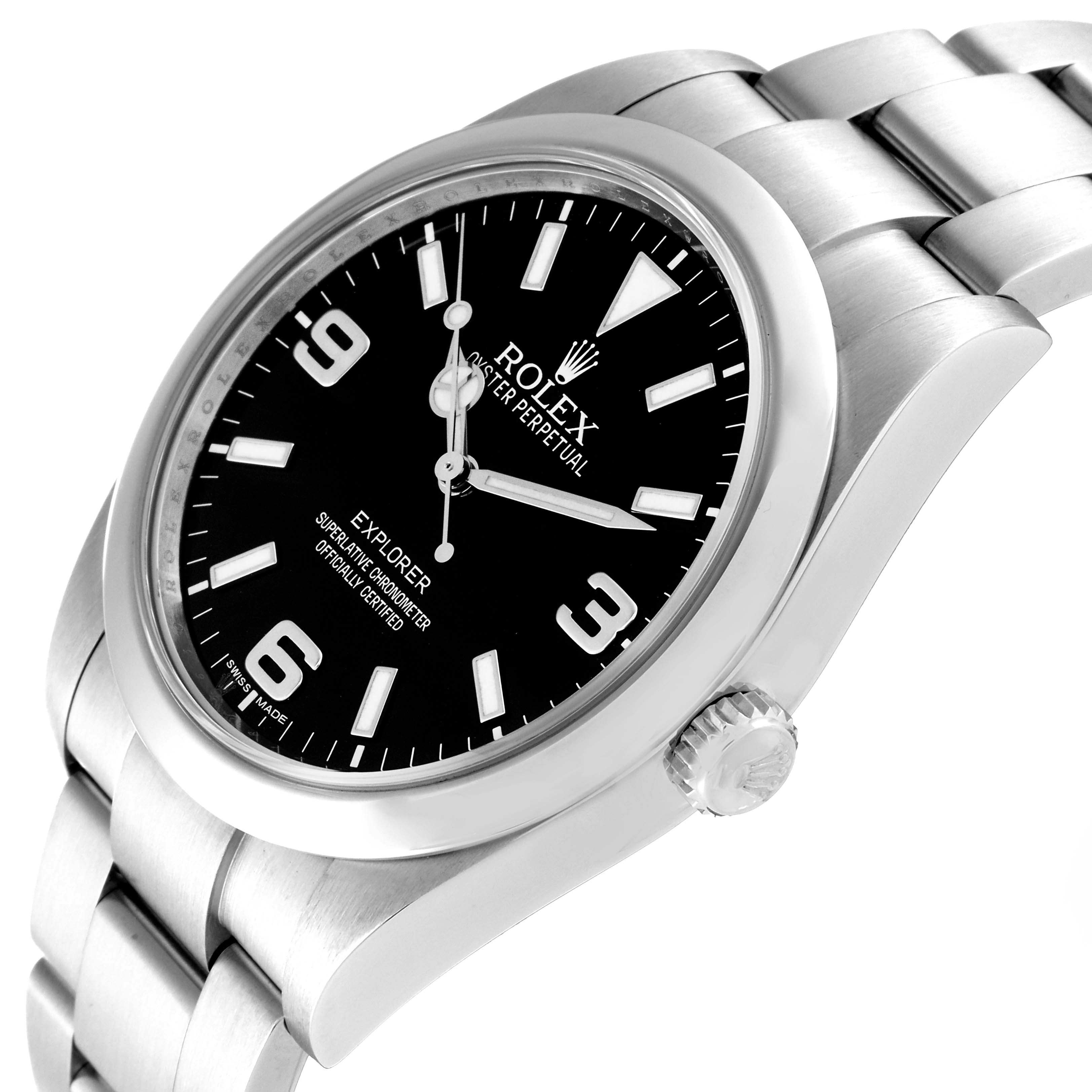 The image shows a Rolex Explorer 214270 Men
s Stainless Steel Black Dial 214270 Men
s Stainless Steel Black Dial watch at an angled view, displaying the dial, crown, and part of the bracelet.