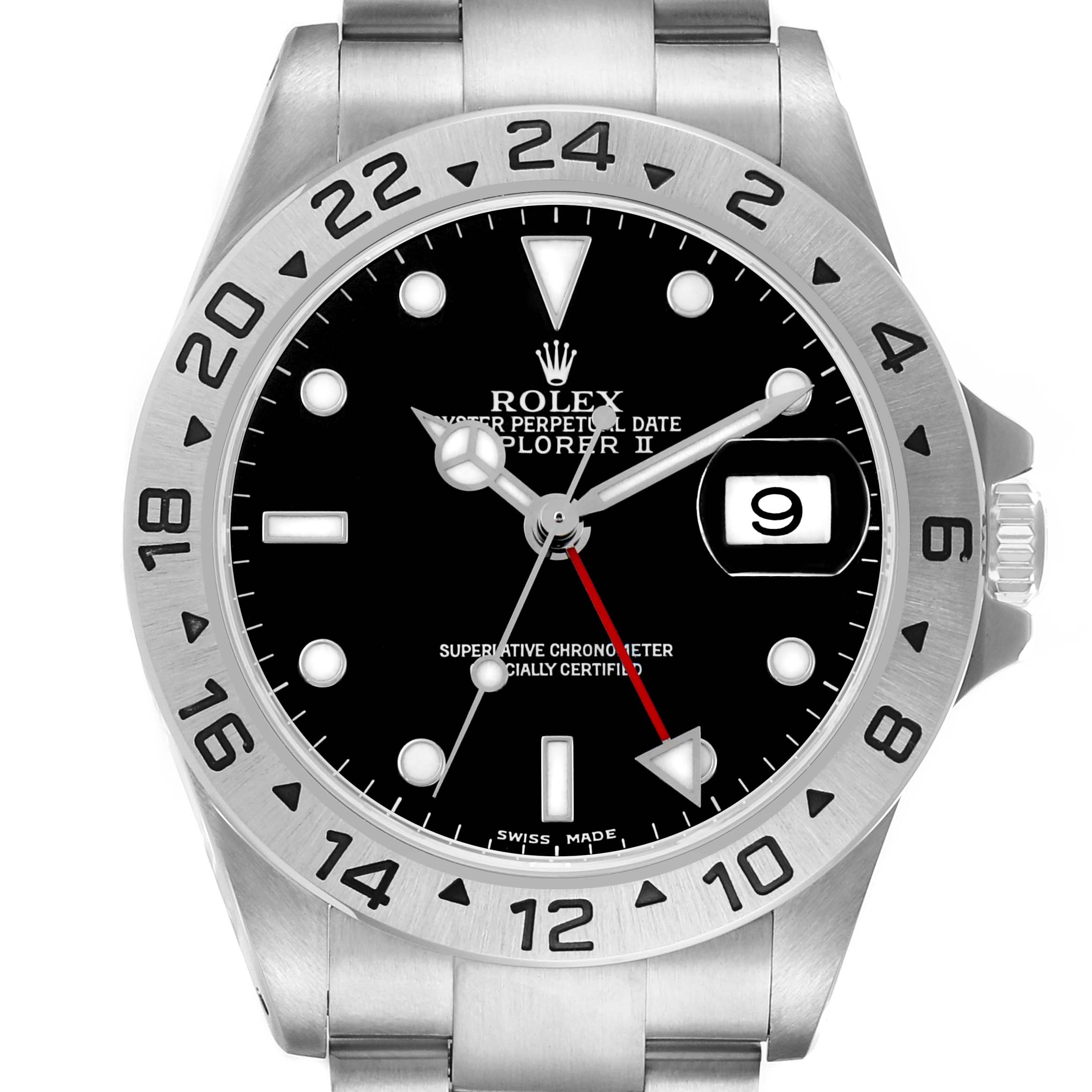 The Rolex Explorer 16570 Men's Stainless Steel Black Dial model is shown from a front angle, highlighting the bezel, dial, hands, and date window.