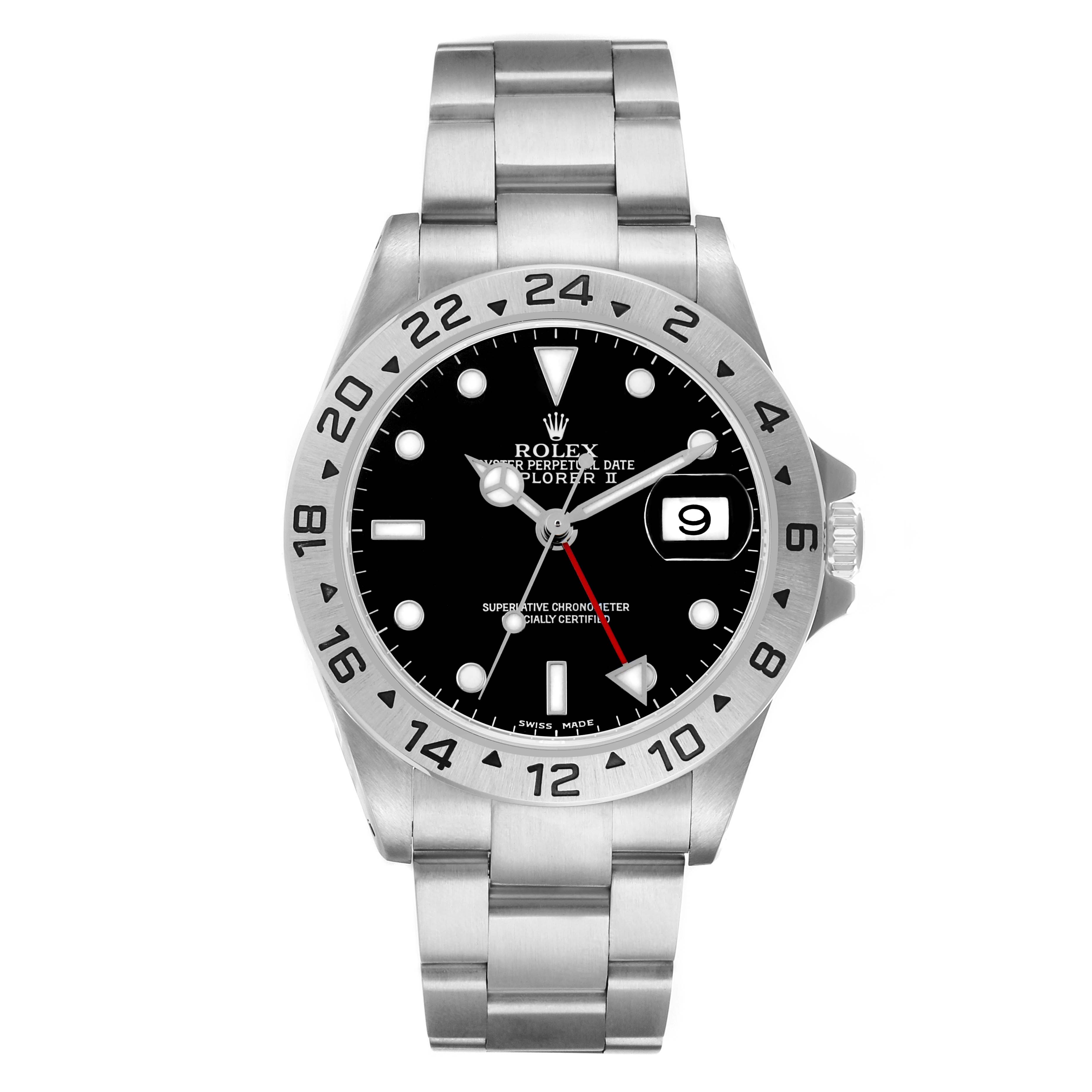 The Rolex Explorer 16570 Men's Stainless Steel Black Dial model is shown from a front angle, highlighting the bezel, dial, hands, bracelet, and date feature.