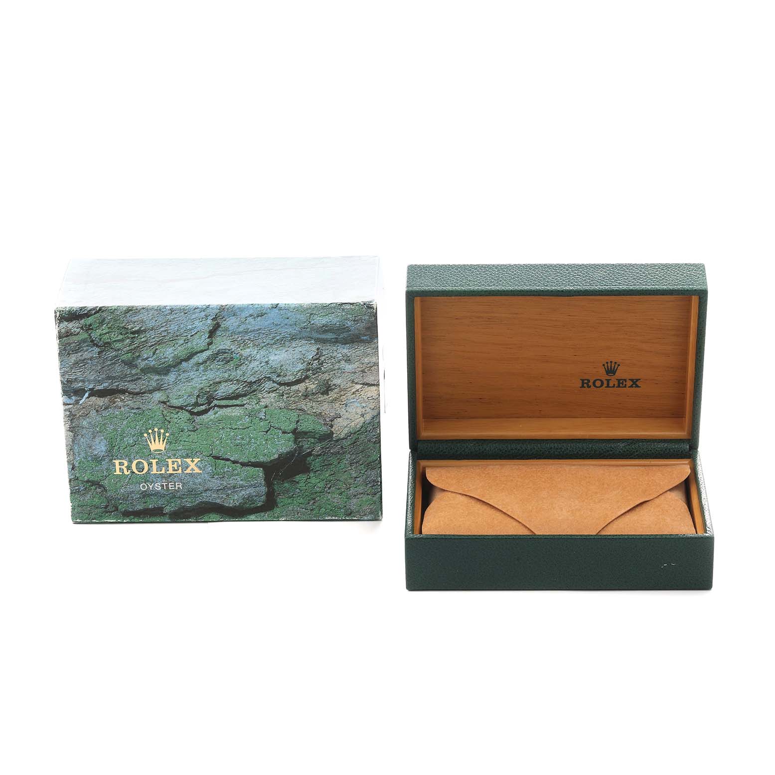 The Rolex Explorer 16570 Men's Stainless Steel Black Dial watch accessories include an outer box with a textured design and an open green case with a tan interior.