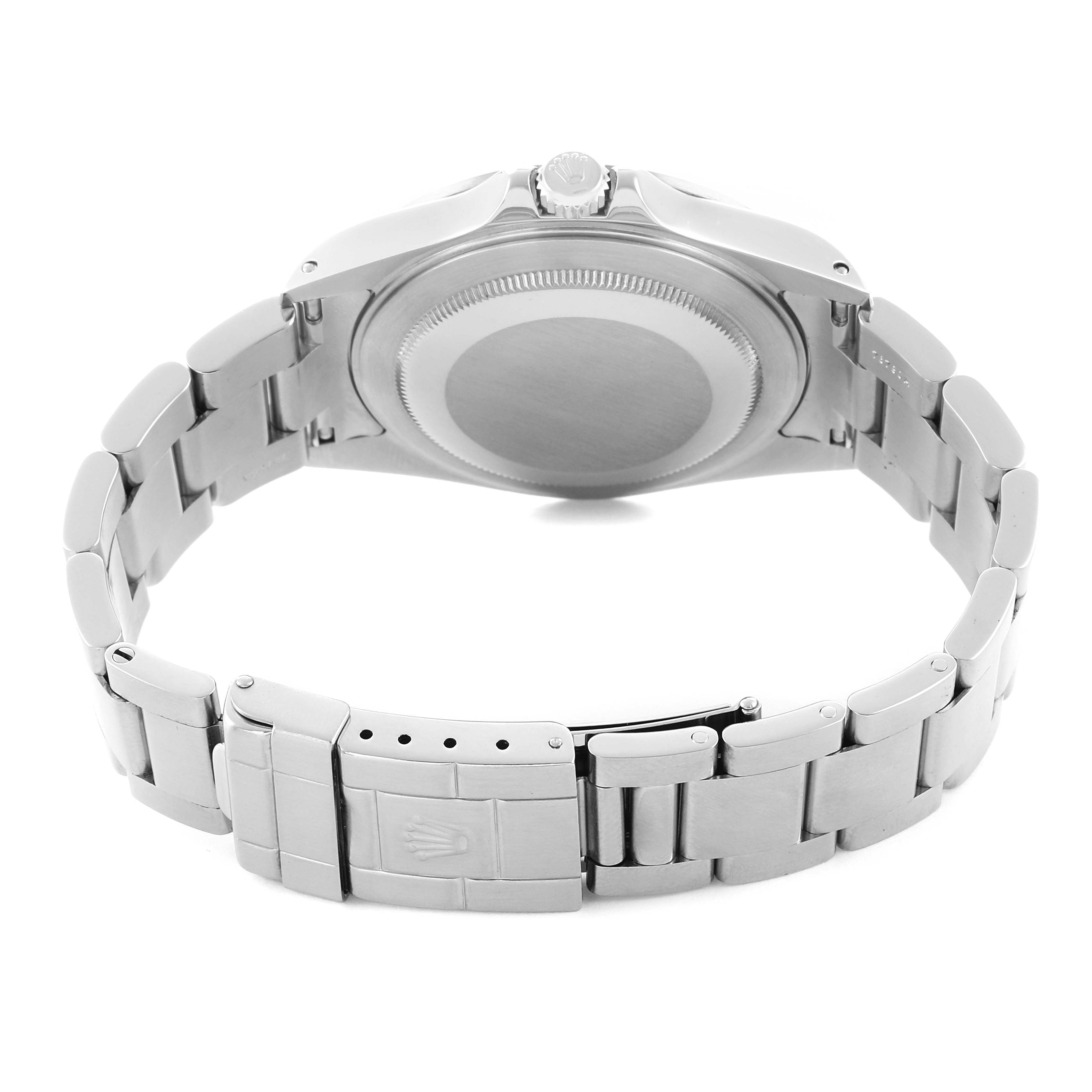 The image shows the back view of a Rolex Explorer 16570 Men's Stainless Steel Black Dial watch, highlighting the closed case back and metal bracelet with clasp.