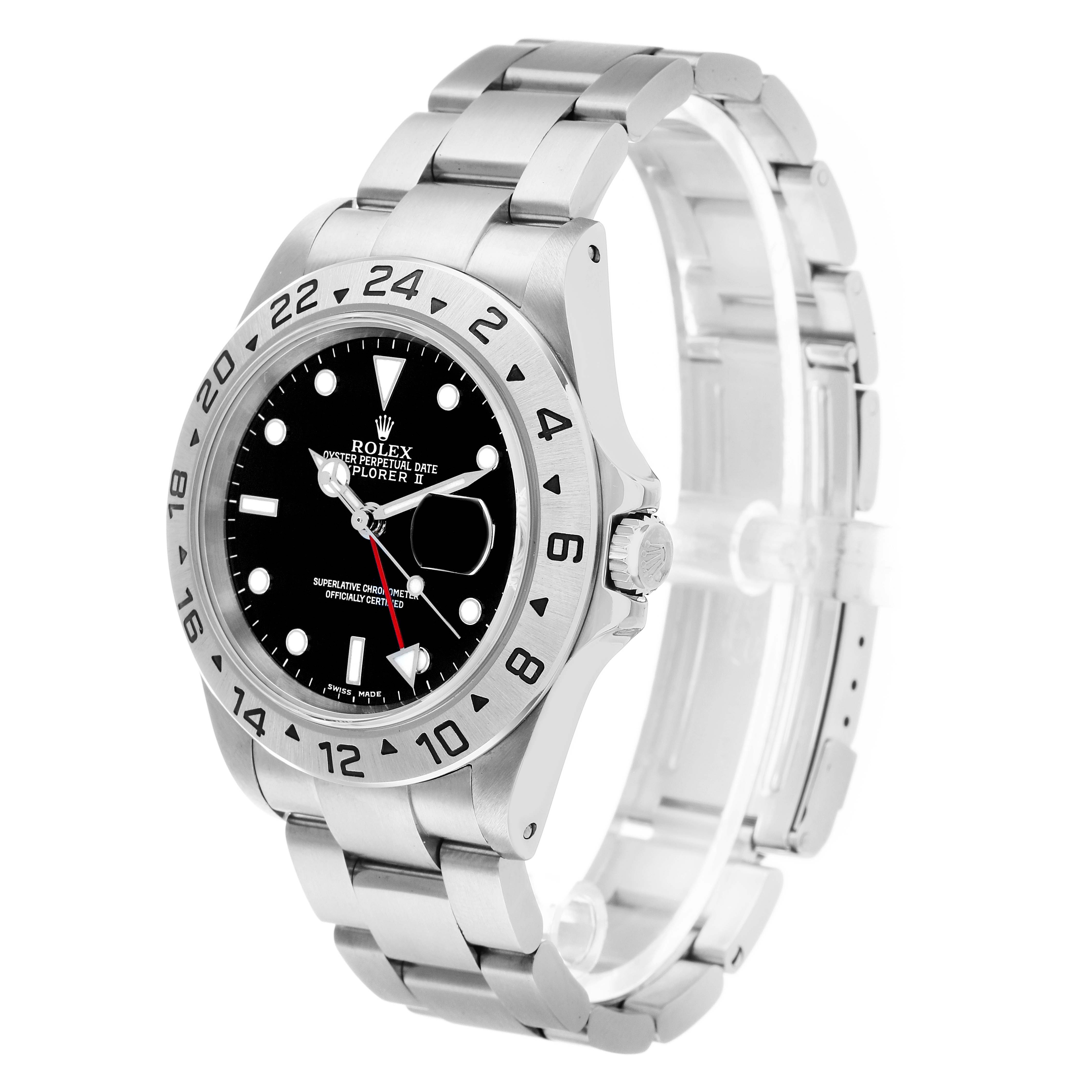The Rolex Explorer 16570 Men's Stainless Steel Black Dial watch is shown at a three-quarter angle, displaying the dial, bezel, and part of the bracelet.