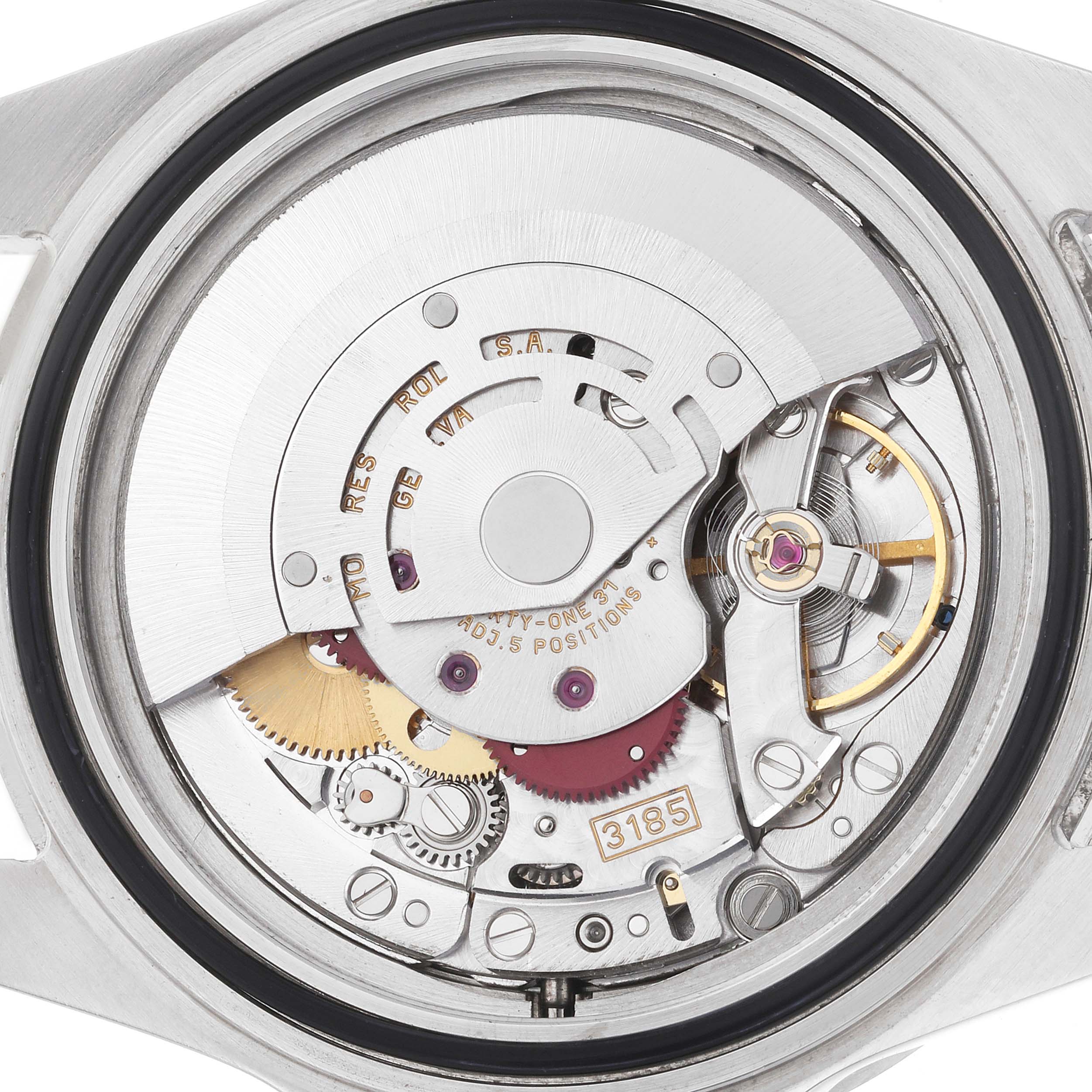 The image shows the movement of a Rolex Explorer 16570 Men's Stainless Steel Black Dial watch from the back, highlighting gears and mechanical components.