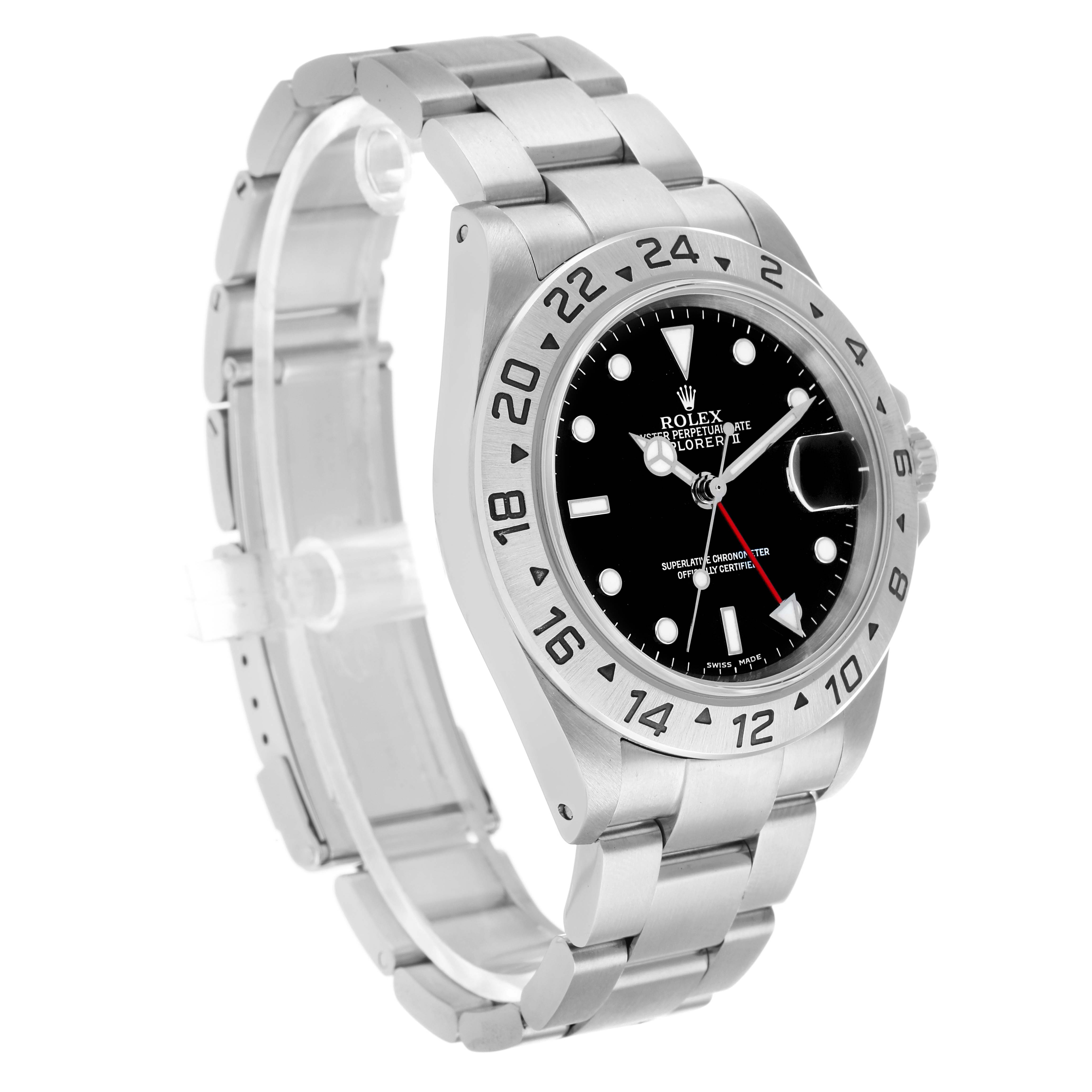 The Rolex Explorer 16570 Men's Stainless Steel Black Dial model is shown at a three-quarter angle, displaying the bracelet, bezel, and watch face.