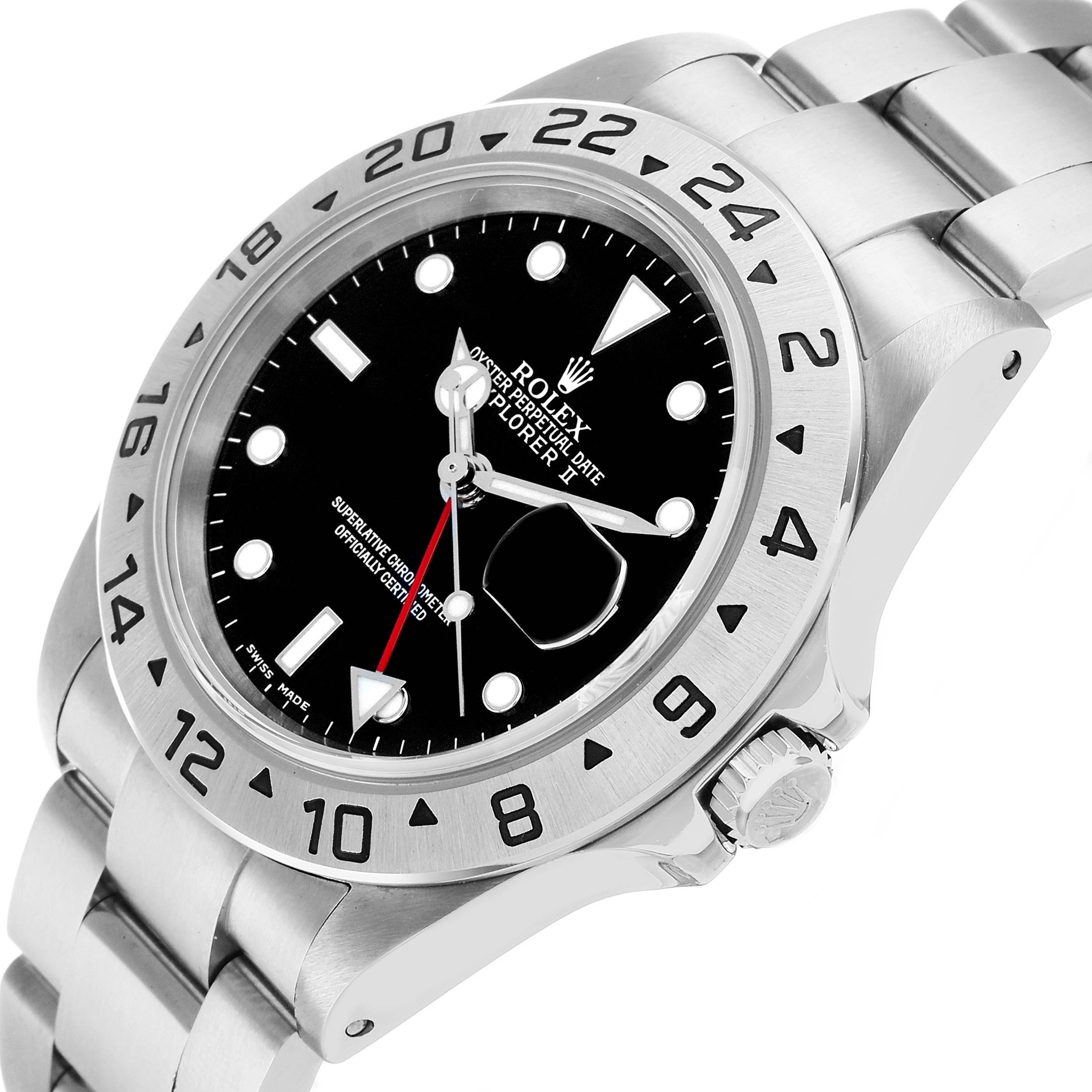 The Rolex Explorer 16570 Men's Stainless Steel Black Dial is shown at a tilted angle highlighting the bezel, dial, crown, and bracelet.