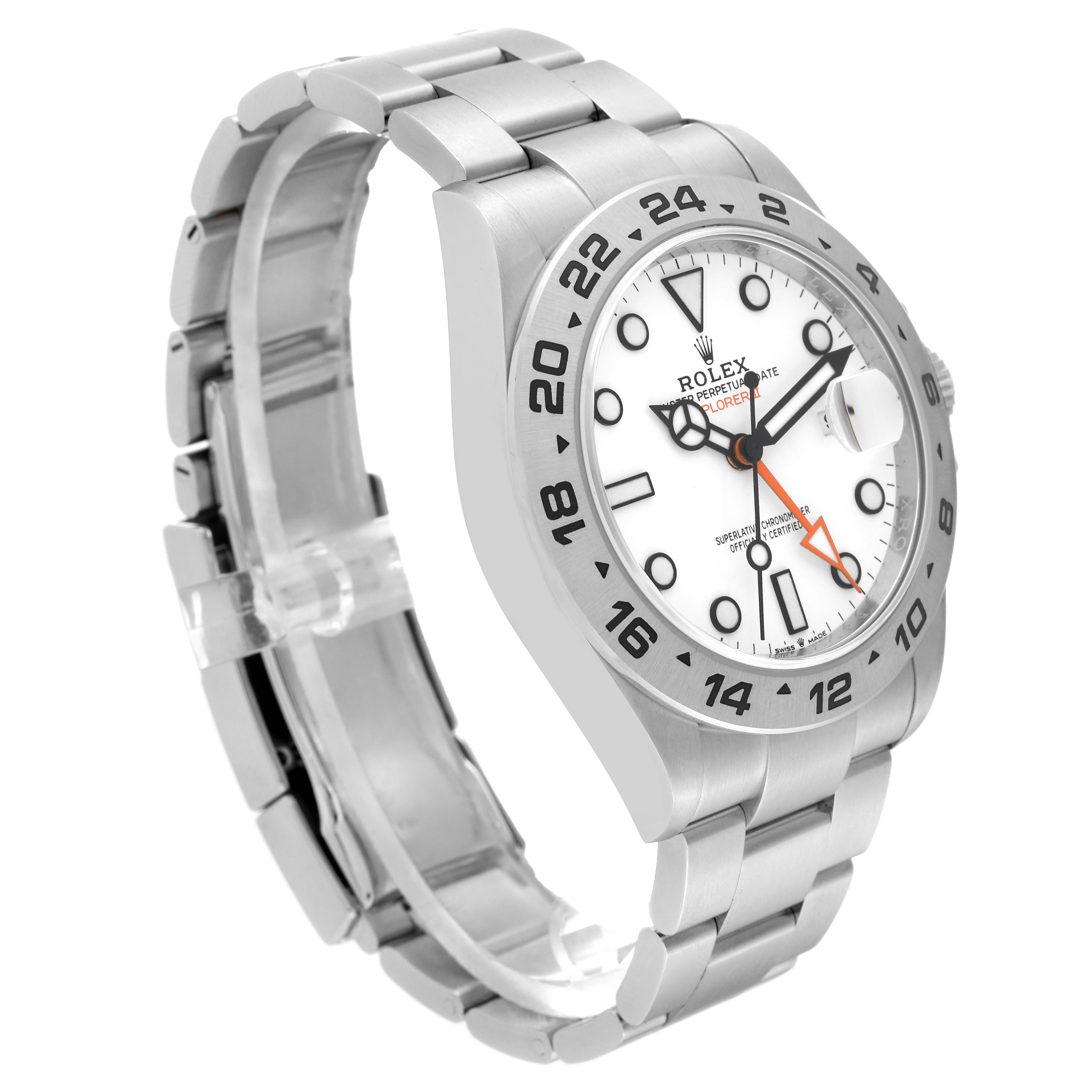 This image shows a front-left angled view of the Rolex Explorer 226570 Men's Stainless Steel White Dial 226570 Men's Stainless Steel White Dial watch, highlighting its face, bezel, and bracelet.