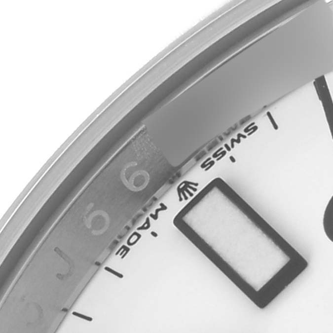 The image shows a close-up of the dial and bezel of a Rolex Explorer 226570 Men's Stainless Steel White Dial 226570 Men's Stainless Steel White Dial watch, highlighting the "Swiss Made" text and hour markers.