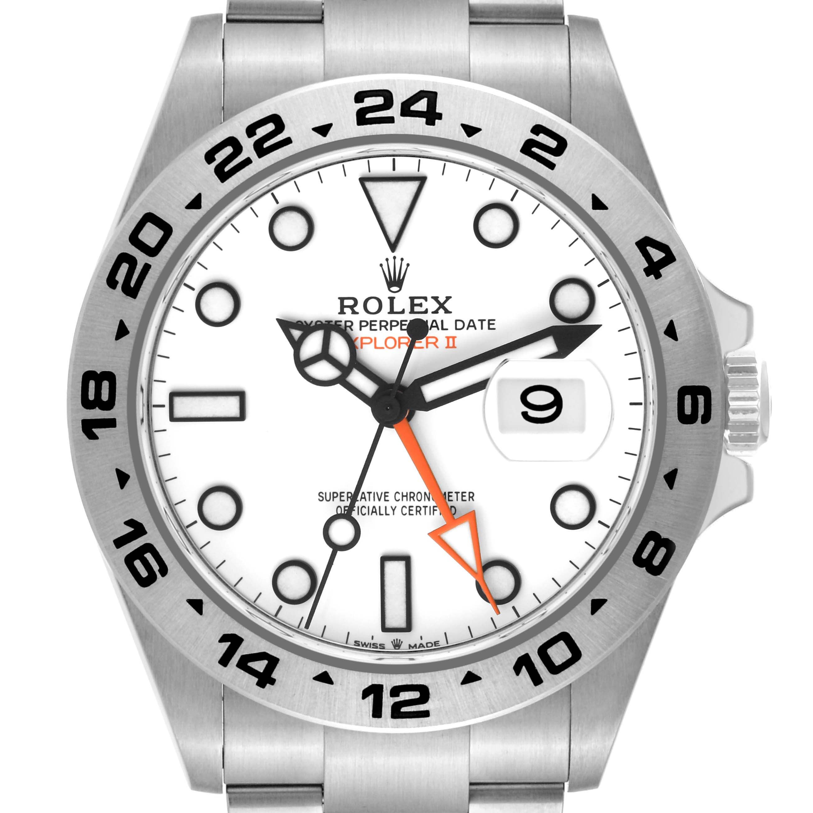 The image shows a front view of the Rolex Explorer 226570 Men's Stainless Steel White Dial 226570 Men's Stainless Steel White Dial watch, highlighting its white dial, hands, date window, and bezel.