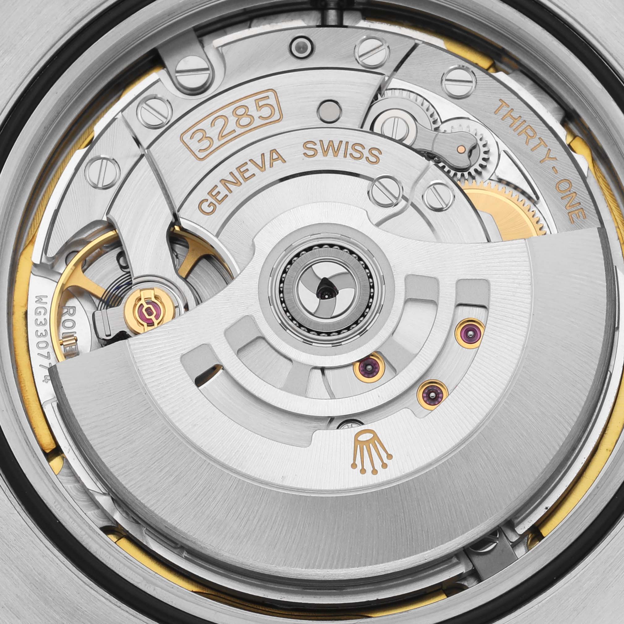 This close-up image shows the intricate mechanical movement components of the Rolex Explorer 226570 Men's Stainless Steel White Dial 226570 Men's Stainless Steel White Dial watch.
