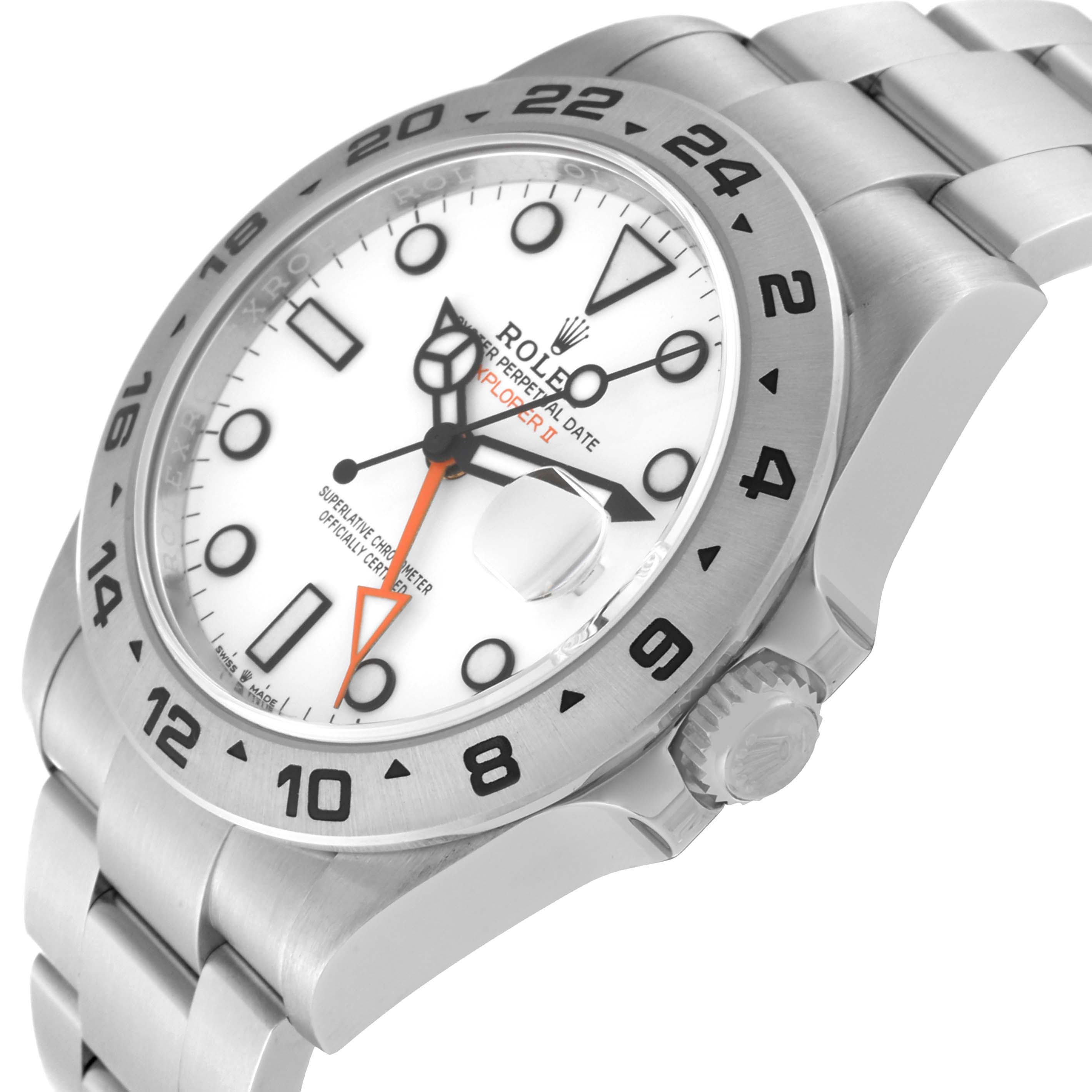 This image shows a close-up of the Rolex Explorer 226570 Men's Stainless Steel White Dial 226570 Men's Stainless Steel White Dial watch face, bezel, crown, and part of the bracelet, from a slight side angle.