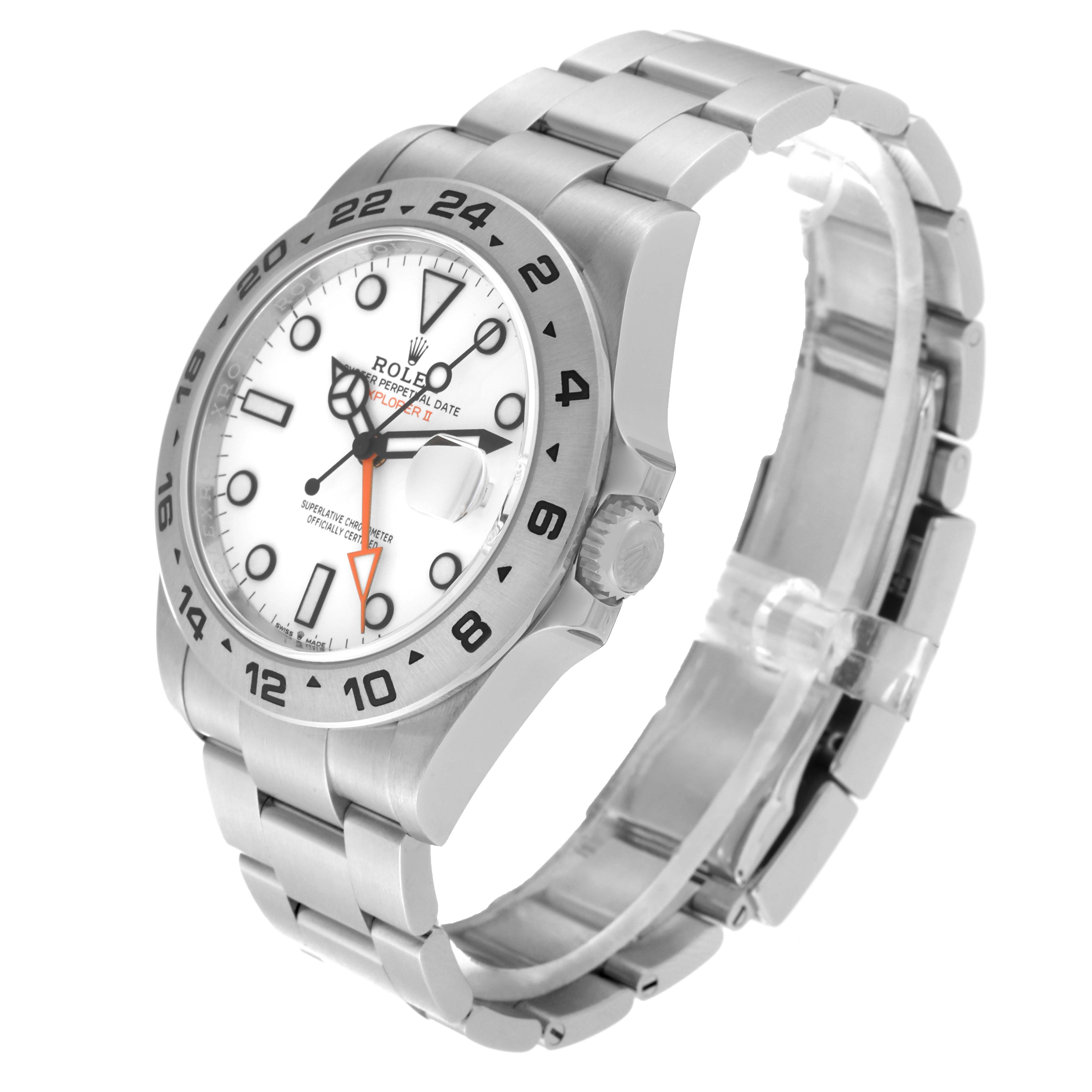 The Rolex Explorer 226570 Men's Stainless Steel White Dial 226570 Men's Stainless Steel White Dial model watch is shown at a three-quarter angle, highlighting its face, bezel, crown, and bracelet.