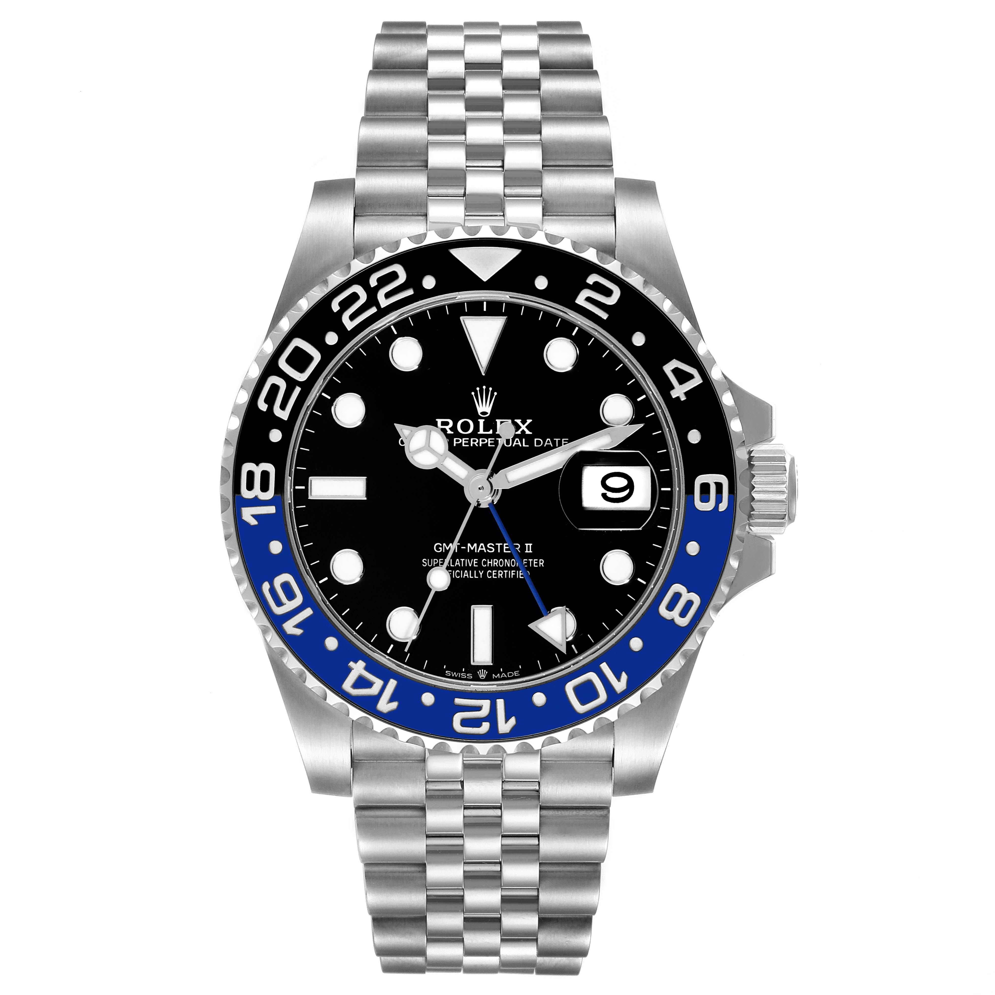 The Rolex GMT-Master 126710 Men's Stainless Steel Black Dial 126710 Men's Stainless Steel Black Dial II watch is shown from a front angle, highlighting its bezel, dial, and bracelet.