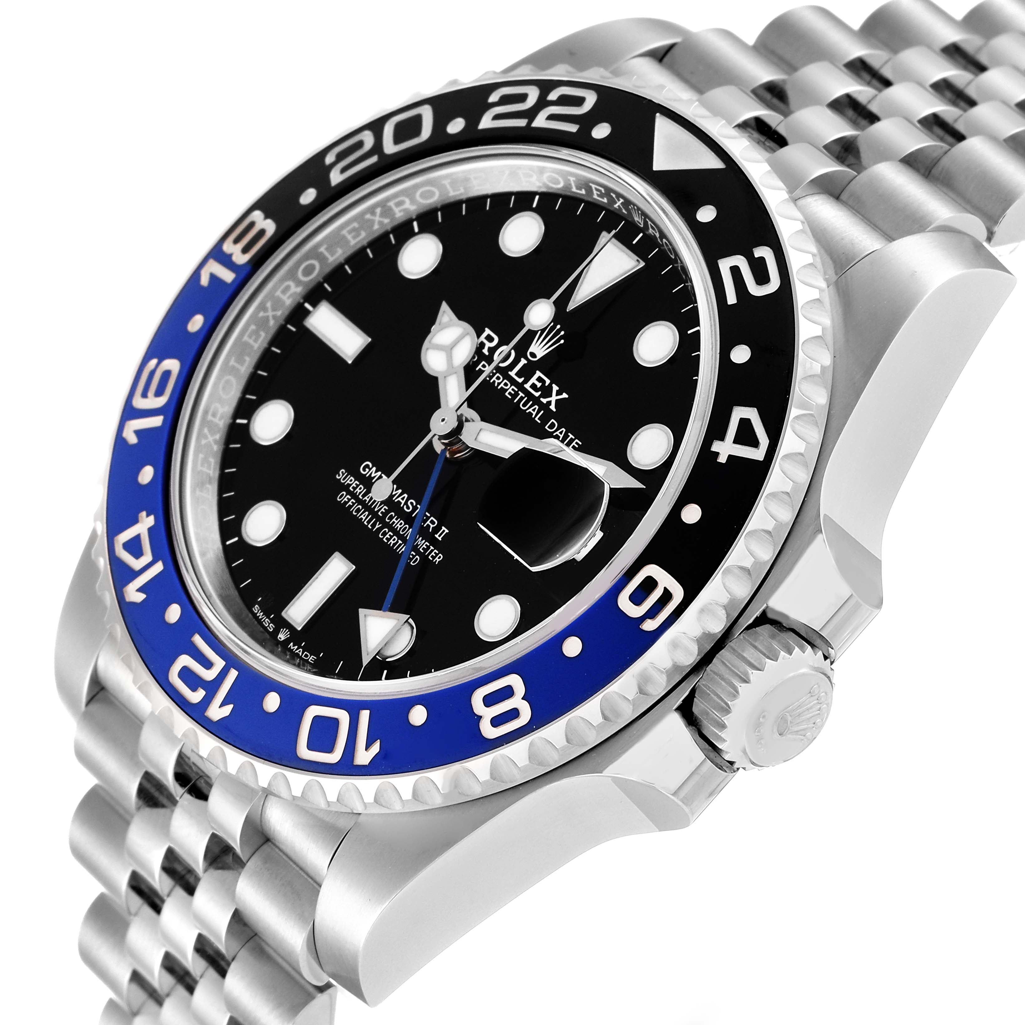 The image shows a Rolex GMT-Master 126710 Men's Stainless Steel Black Dial 126710 Men's Stainless Steel Black Dial II watch at a side angle, highlighting its bezel, dial, crown, and bracelet.