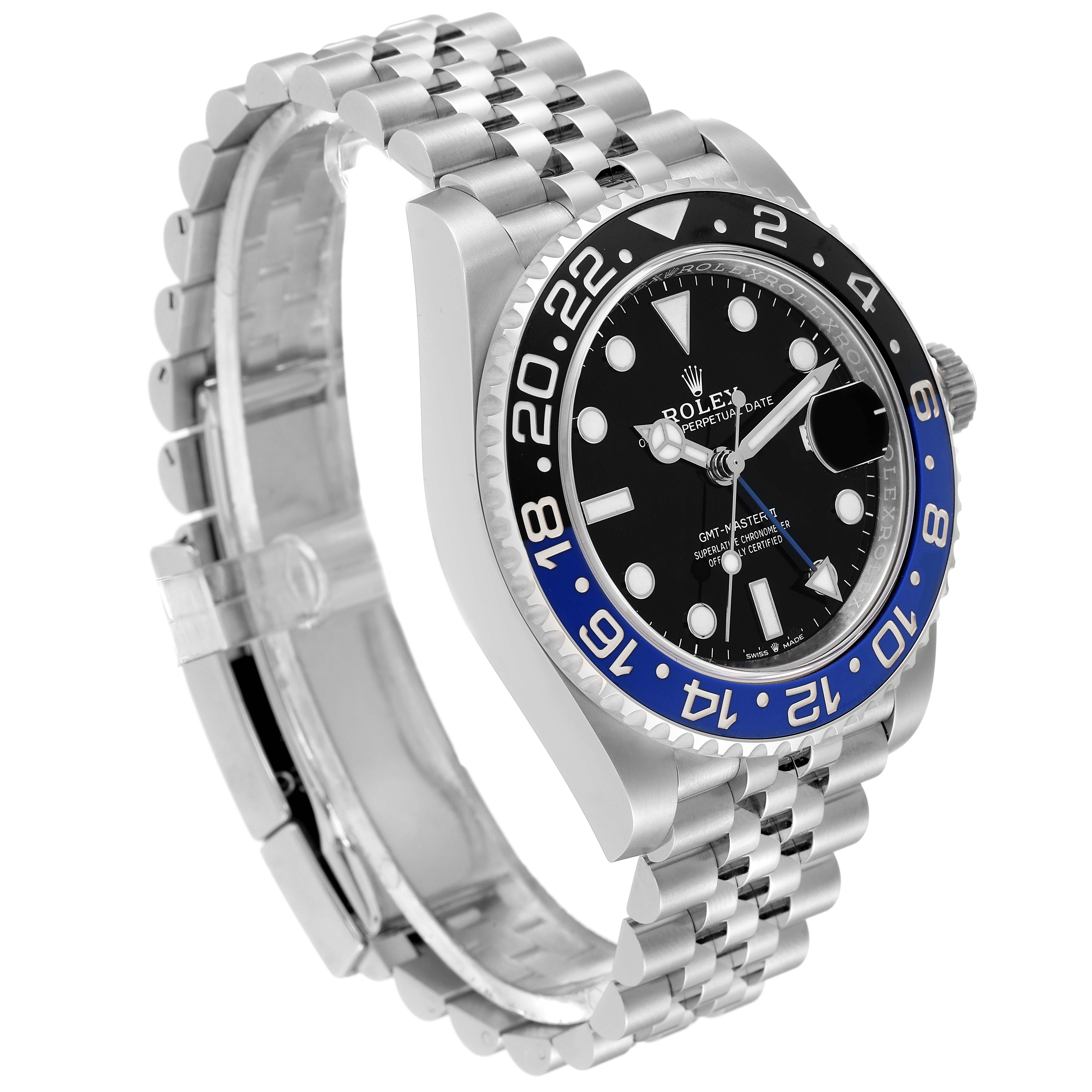 This image shows a Rolex GMT-Master 126710 Men's Stainless Steel Black Dial 126710 Men's Stainless Steel Black Dial watch tilted at an angle displaying its face, bracelet, bezel, and crown.