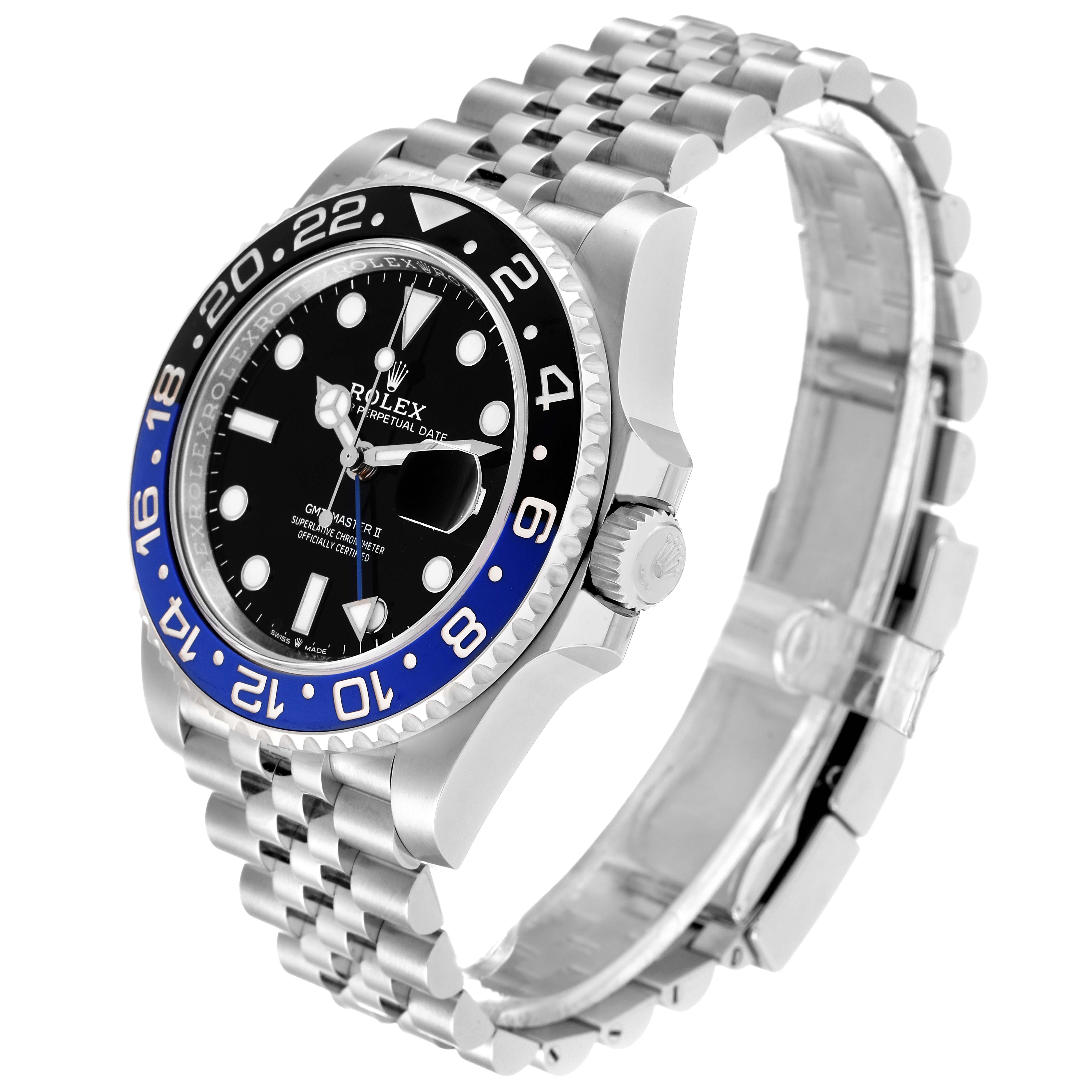 This image shows a Rolex GMT-Master 126710 Men's Stainless Steel Black Dial 126710 Men's Stainless Steel Black Dial watch from a front-side angle, highlighting its bezel, dial, crown, and bracelet.