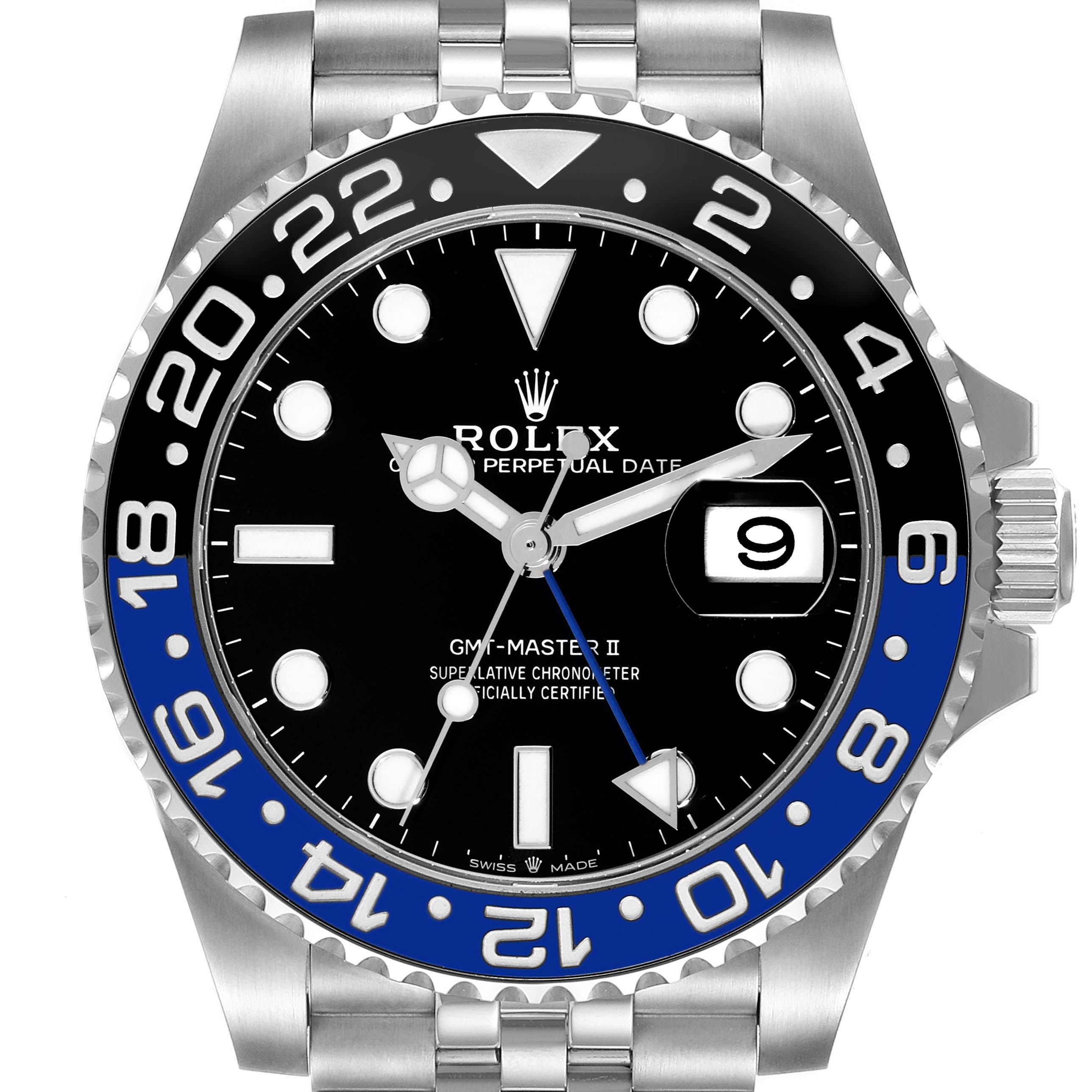 The image shows a front-facing view of a Rolex GMT-Master 126710 Men's Stainless Steel Black Dial 126710 Men's Stainless Steel Black Dial watch, showcasing its dial, bezel, and part of its bracelet.