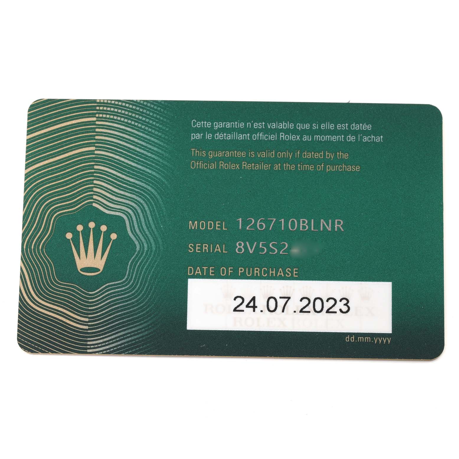 The image shows a warranty card for a Rolex GMT-Master 126710 Men's Stainless Steel Black Dial 126710 Men's Stainless Steel Black Dial model 126710BLNR, displaying the serial number and date of purchase.